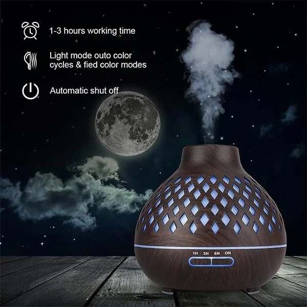 Mobigon Wood Cool Mist Ultrasonic Humidifier for Room Moisture, Aroma Diffuser for Home, 400ml Essential Oil Diffuser with 7 Colorful Night Light, Auto Shut-Off, Home, Office - Dark Woody