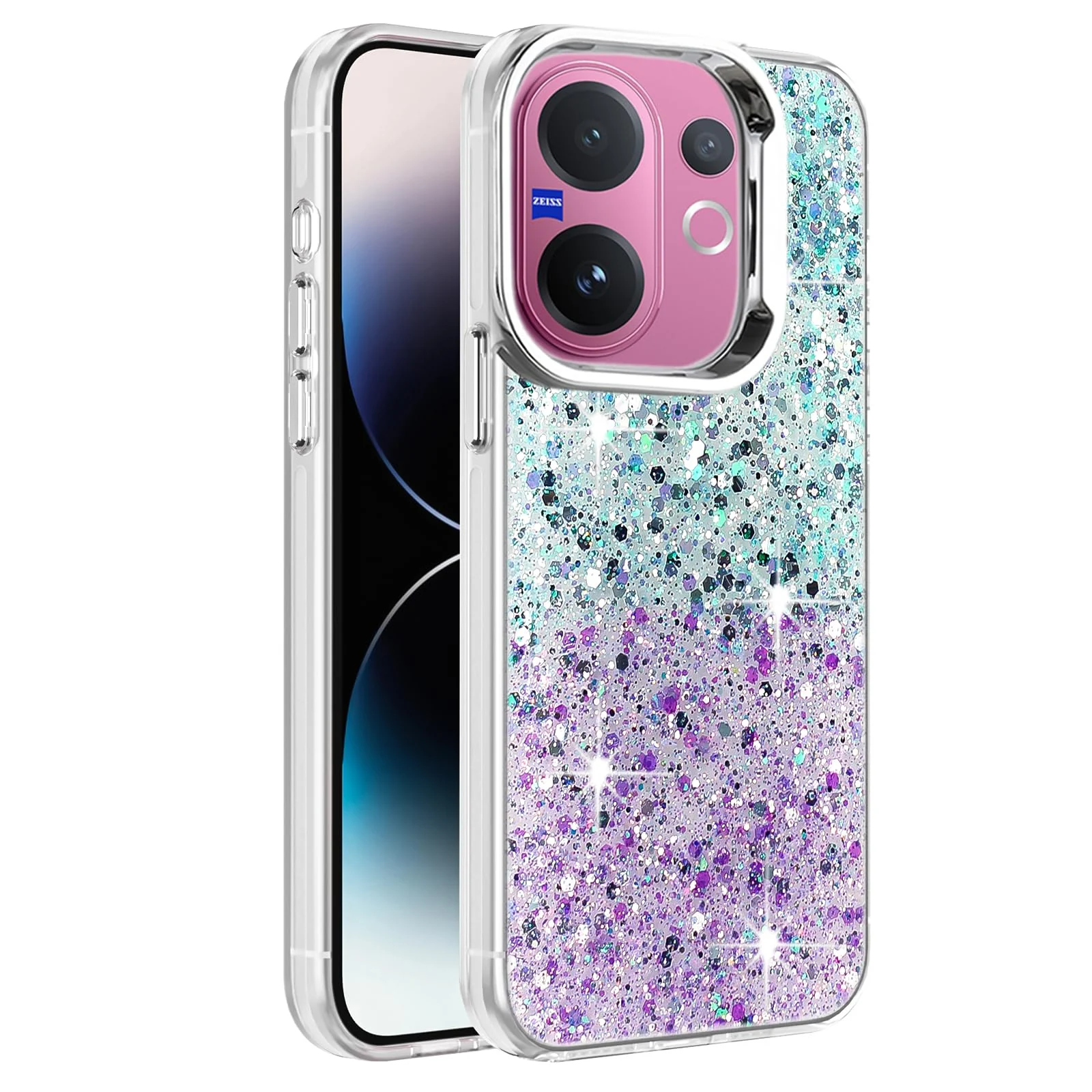 DL3 Mobilak Glitter Rhinestone Protective Case for vivo V60 with Shockproof Design - Green Purple