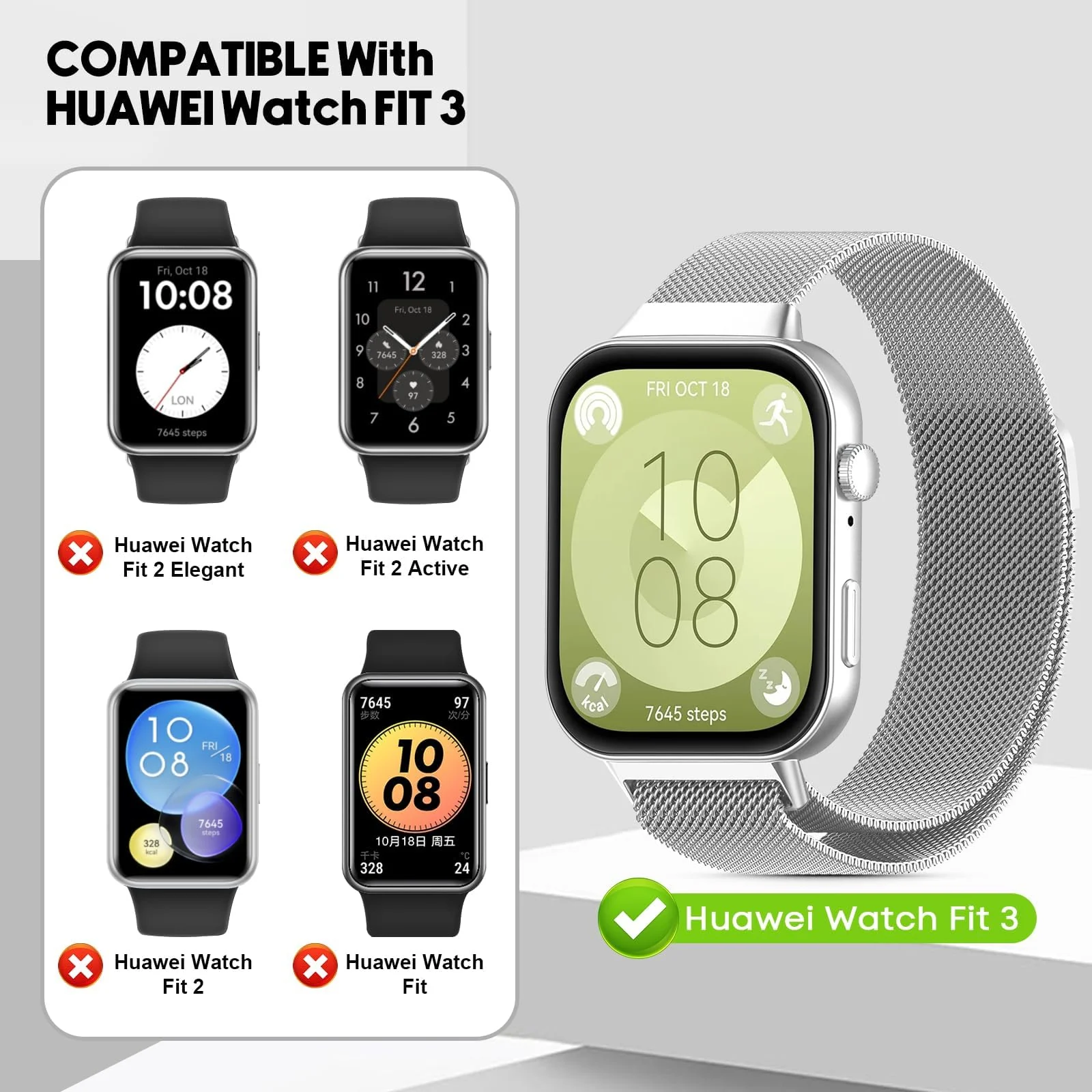 DL3 Mobilak Bracelet Compatible with Huawei Watch Fit 3, Stainless Steel Replacement Straps, Mesh Metal Watch Strap, Magnetic Adjustable Replacement Strap For Huawei Watch Fit3 - Silver