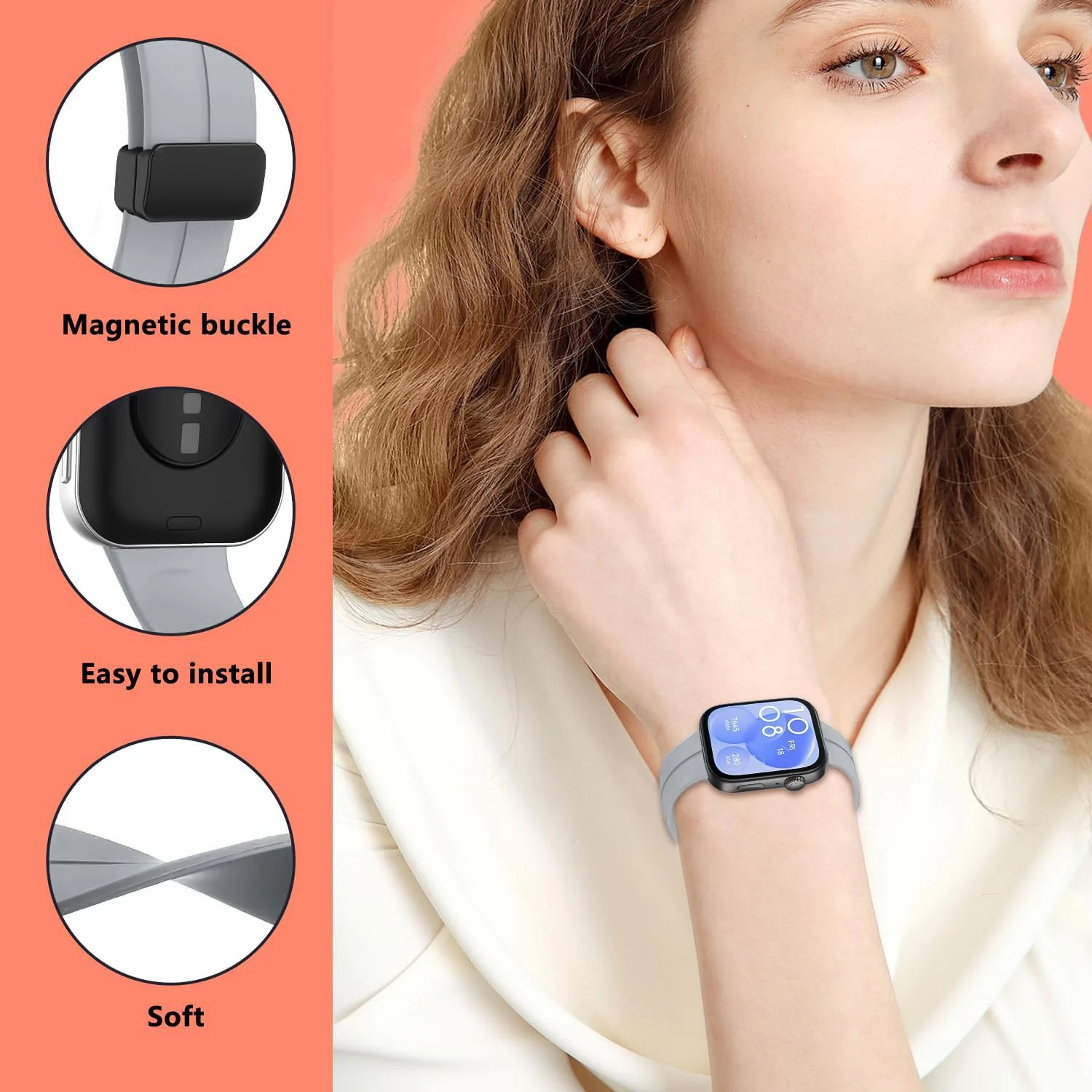 DL3 Mobilak Silicone Strap Compatible with Huawei Watch Fit 3/Watch Fit 4 Pro/Fit 4 Magnetic Metal Stainless Buckle Sport Silicone Strap, Band Quick Release Soft Replacment Wristband - Gray