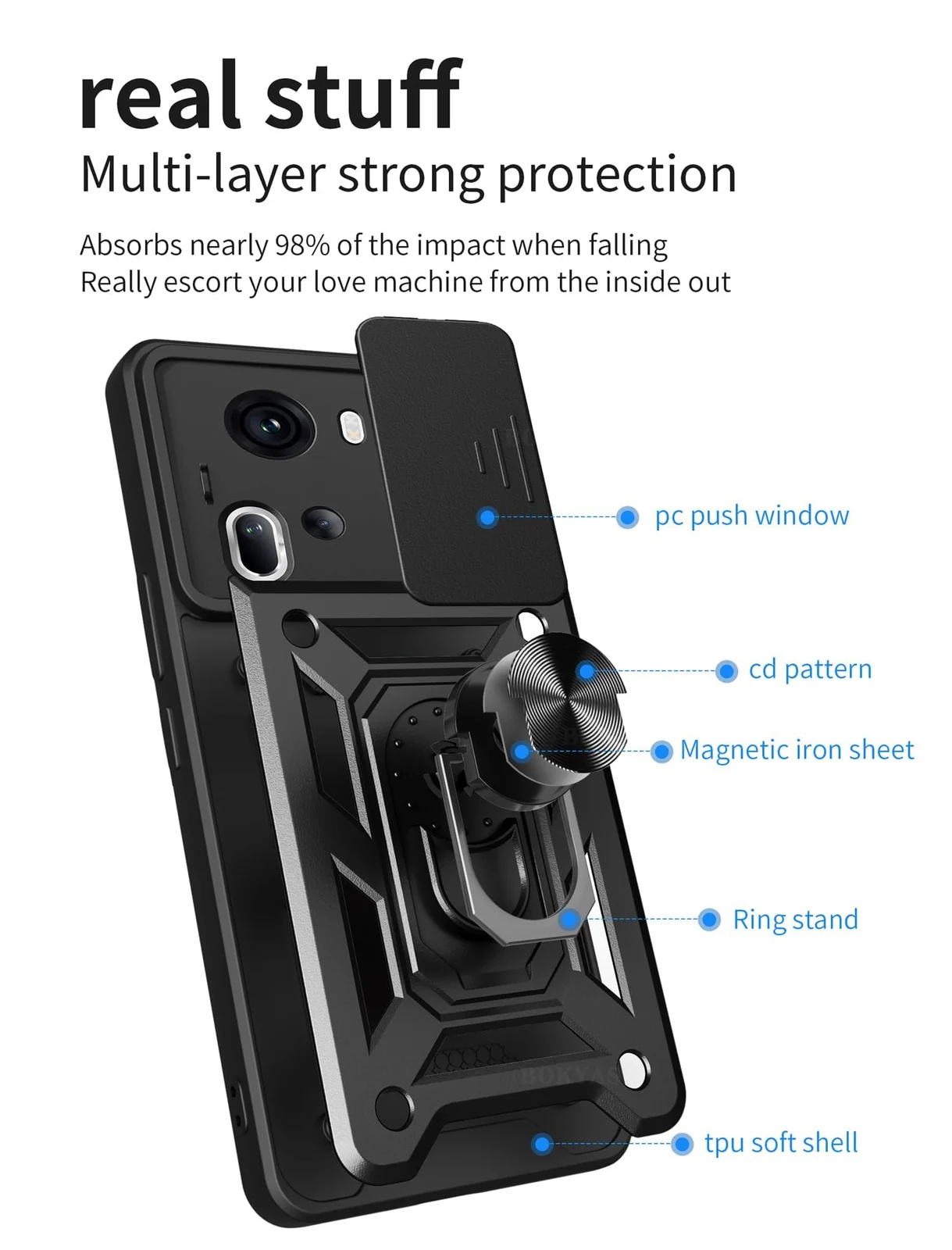 DL3 Mobilak Silicone Protective Case for OPPO Reno 11 5G with Slide Camera, Built-in magnetic car-mount support, Shock-absorbing protection, Built-in kickstand - Black