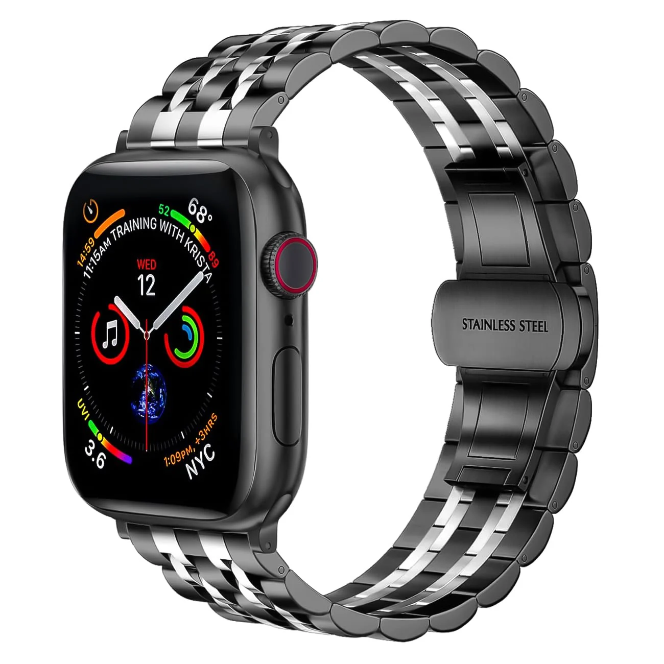 DL3 MOBILAK Adjustable Stainless-Steel Link Watch Strap for 38 and 40 and 41mm Apple Watch - Black/Silver