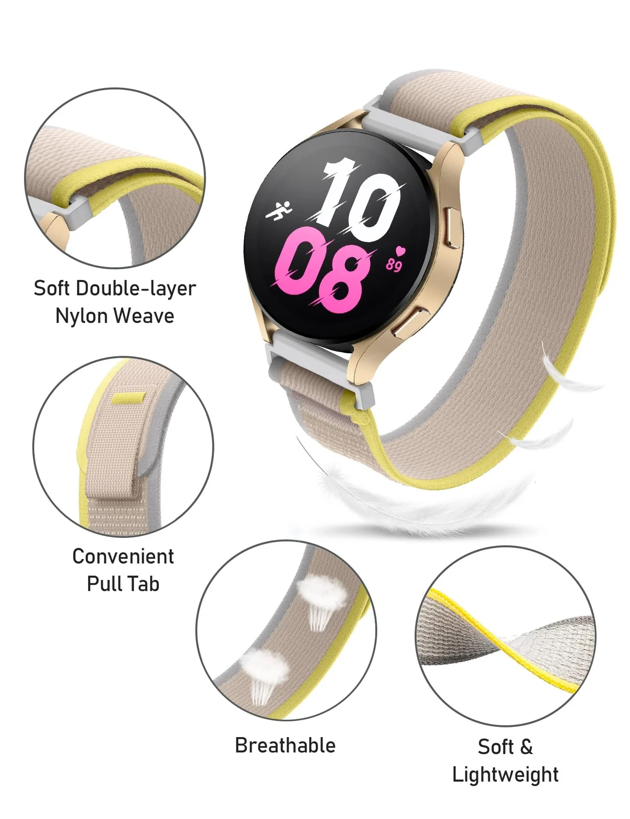 DL3 Mobilak No-Gap Nylon Watch Bands Compatible with Samsung Galaxy Watch 6 5 4 Band 40mm 44mm/Watch 5 Pro Band 45mm/Watch 6 4 Classic Band 42mm 43mm 46mm 47mm, Alpine Loop Woven Sport Strap Men Women - Yellow Beige