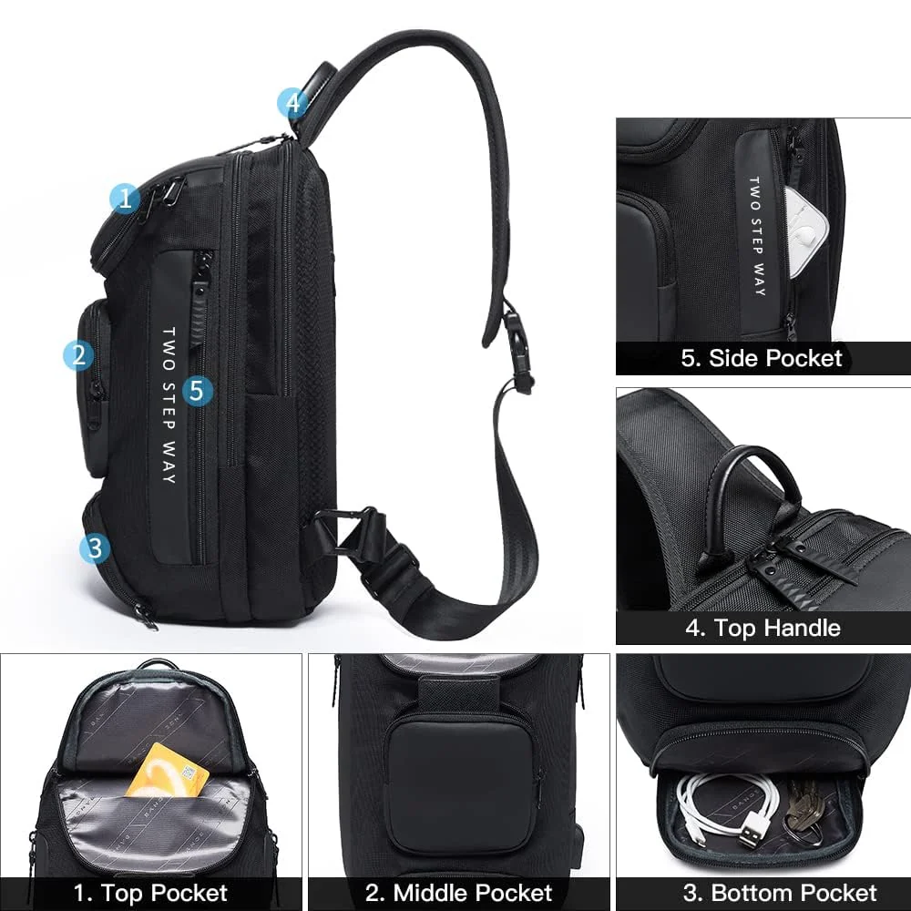 Mobigon Laptop Sling Backpack Anti Theft Bag, Hiking Daypack 13 Inch Fits iPad - Tablet 7 to 9.7 Inch Nylon Travel Bags for Men, Single Shoulder Camping Dayback with USB Charging Port - Black