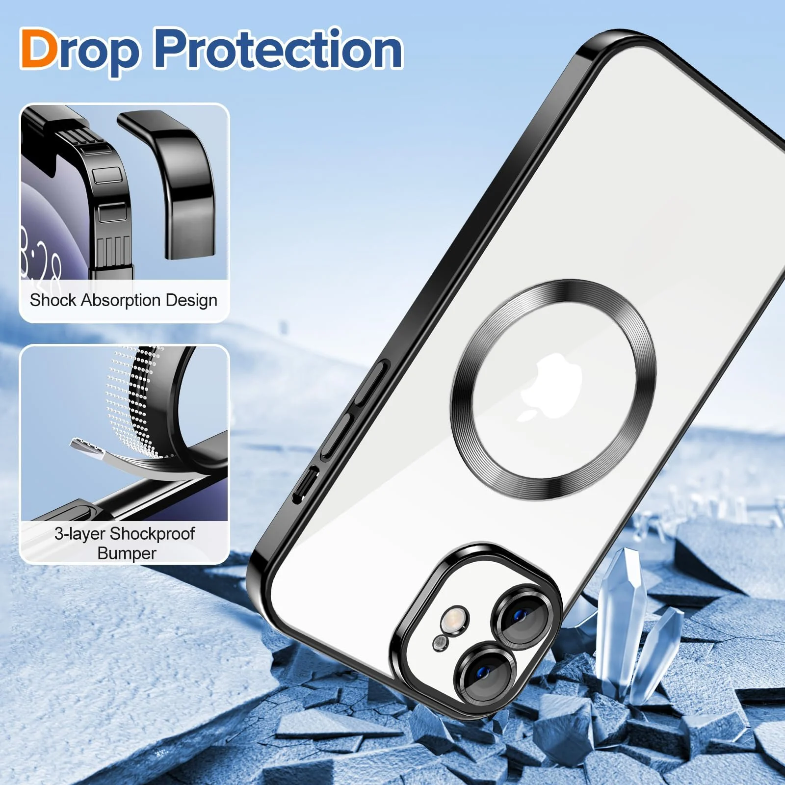DL3 Mobilak Clear Case for iPhone 12 6.1-Inch with Built-in Camera Lens Protector, Slim Luxury Plating Edge Soft TPU Cover Protective, Transparent Case for Women Girls Men - Black