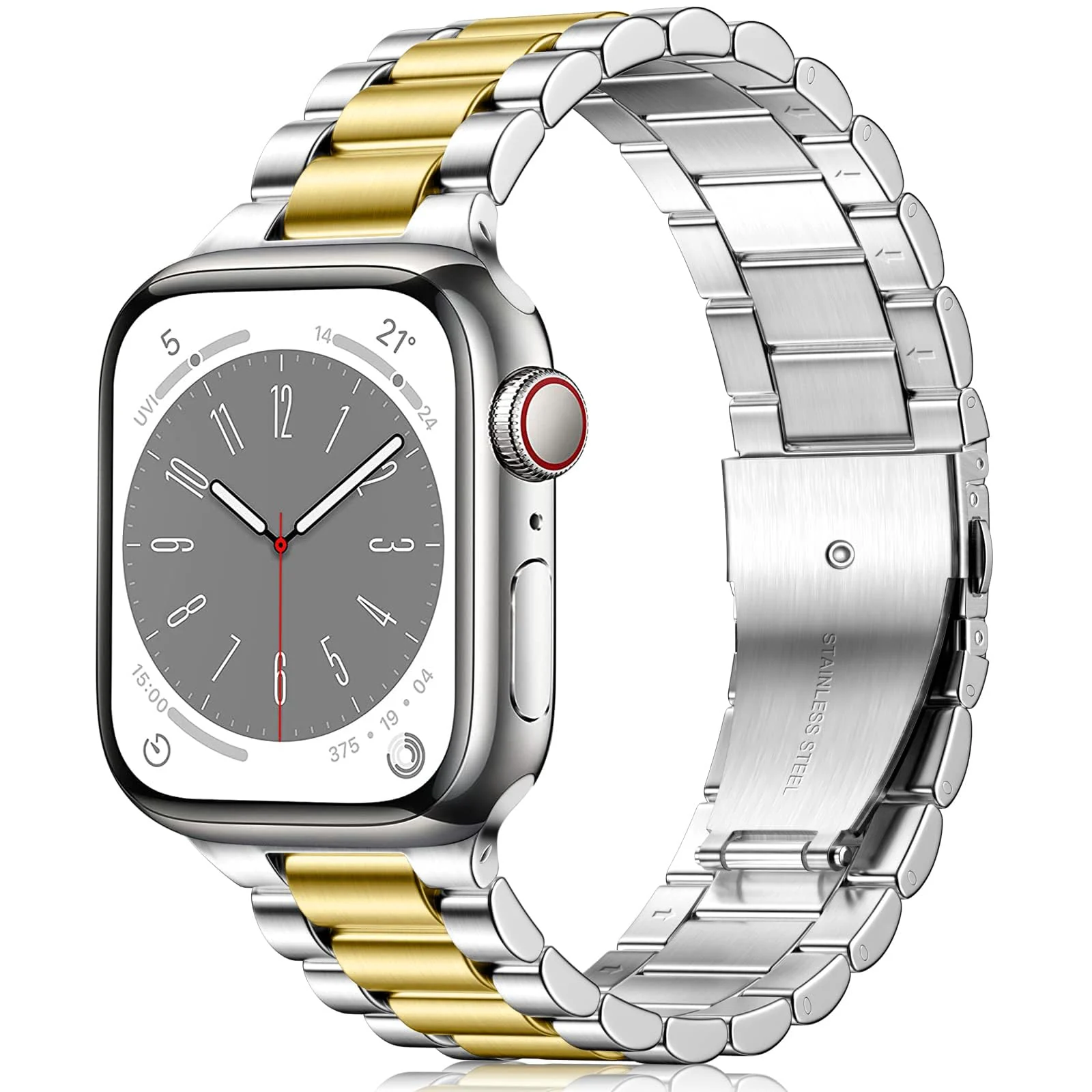 DL3 Mobilak Stainless Steel Band with Case Compatible with Apple Watch Band Series 9/8/7 45mm, Men Woman Business Metal Strap with Protective Bumper Cover for iWatch Series 7/8/9 45mm - Silver Gold