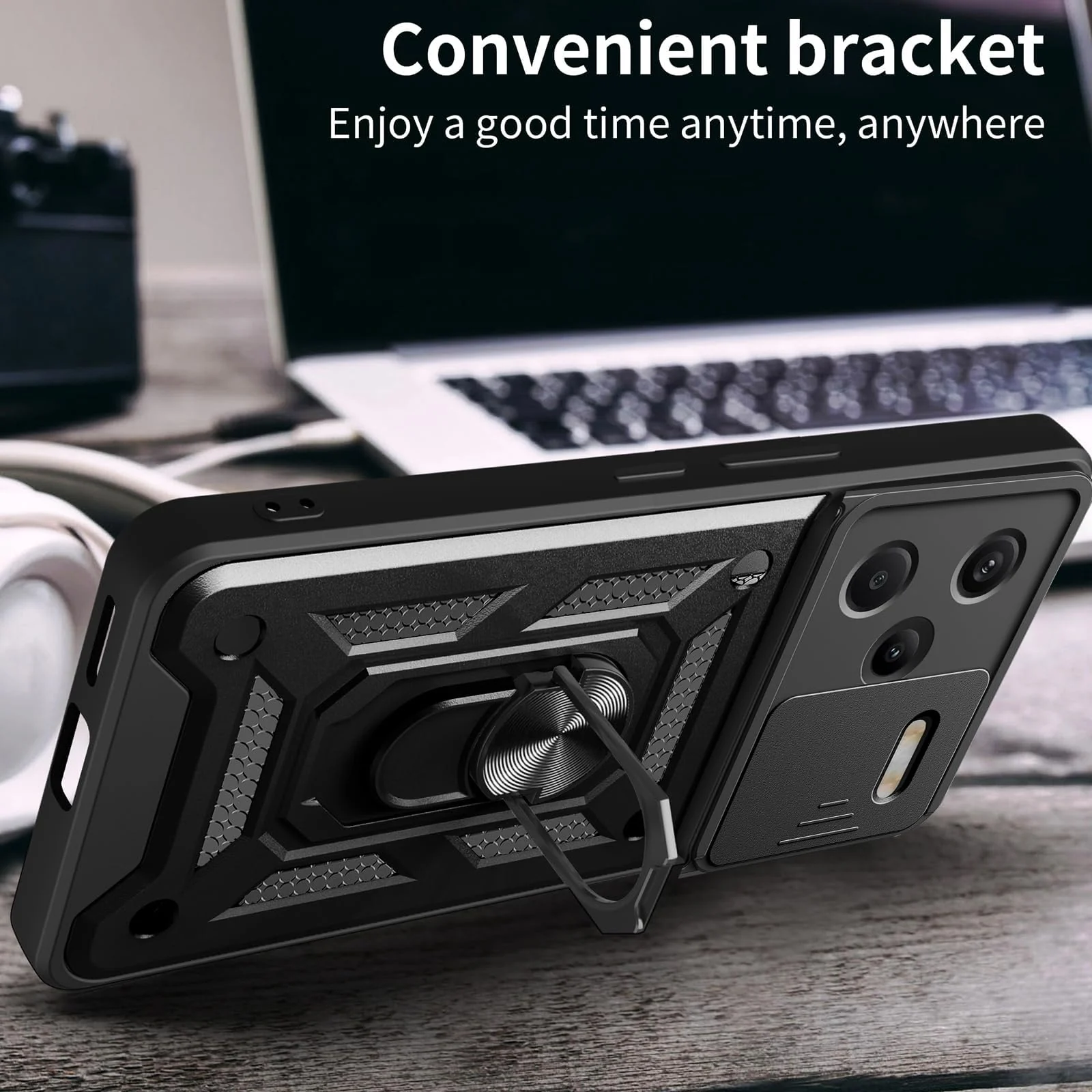 DL3 Mobilak Magnetic Car-Mount Case for Xiaomi Redmi Note 13 Pro+ Plus 5G with Camera Protection and Built-In Kickstand - Black