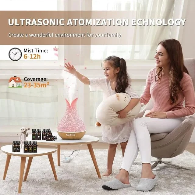 Mobigon Essential Oil Diffuser, Aromatherapy Diffuser 500ml with Remote Control, 4 Timer & Auto-Off Safety Switch, 7 Color LED Lights Mode, 10 Hours Quiet Humidifier for Bedroom - H.Light Brown