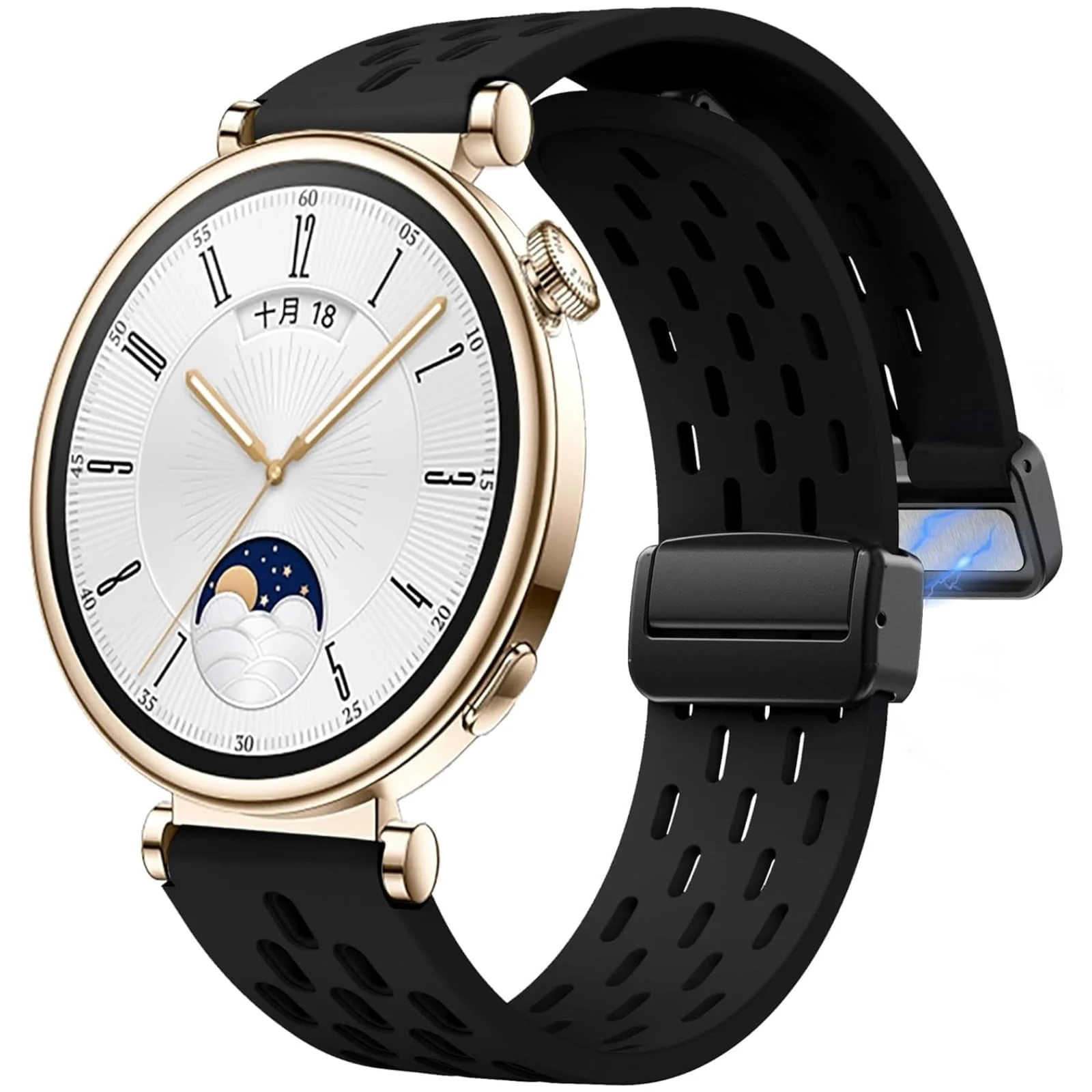 DL3 Mobilak 18mm Silicone Strap For Huawei Watch GT 6 41mm/GT 5 Pro 42 mm/GT 5 41mm/GT4 41 mm/Watch 5 42mm Magnetic Metal Buckle Sport Silicone Breathable Strap, Band Soft Replacment Wristband - Black