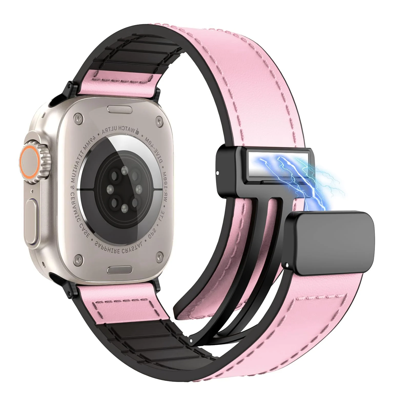 DL3 Mobilak Leather Bands Compatible with Apple Watch Band 49mm 45mm 44mm 42mm, Leather Magnetic Buckle Design Strap For iWatch Ultra Ultra 2 SE Series 9 8 7 6 5 4 3 2 1 Wristband For Men Women - Pink