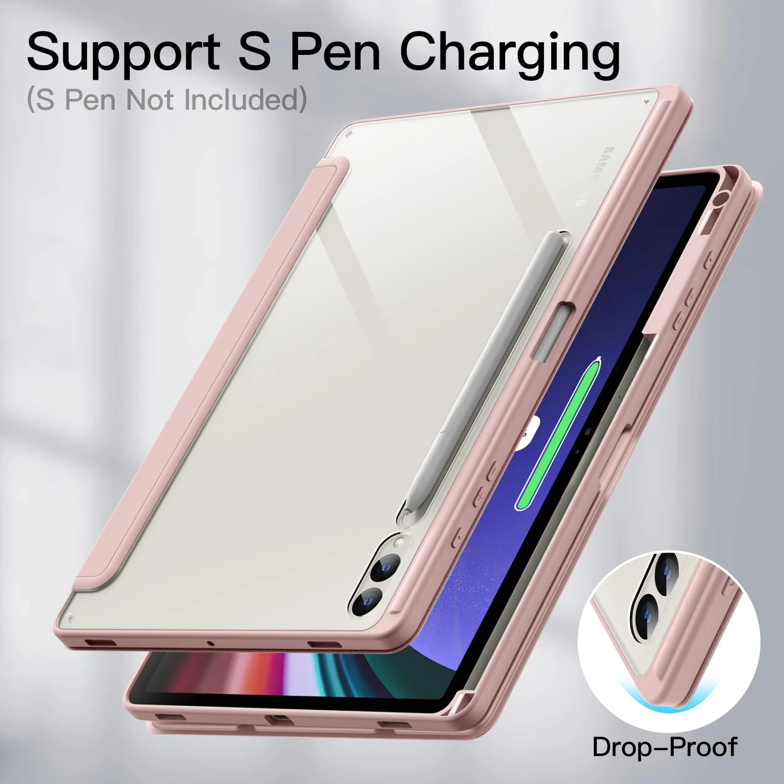 DL3 Mobilak Hybrid Slim Case for Samsung Galaxy Tab S8 Plus 2022/S7 FE 2021/S7 Plus 2020 12.4 Inch with S Pen Holder, Shockproof Cover with Clear Transparent Back Shell, Auto Wake/Sleep - Rose Gold
