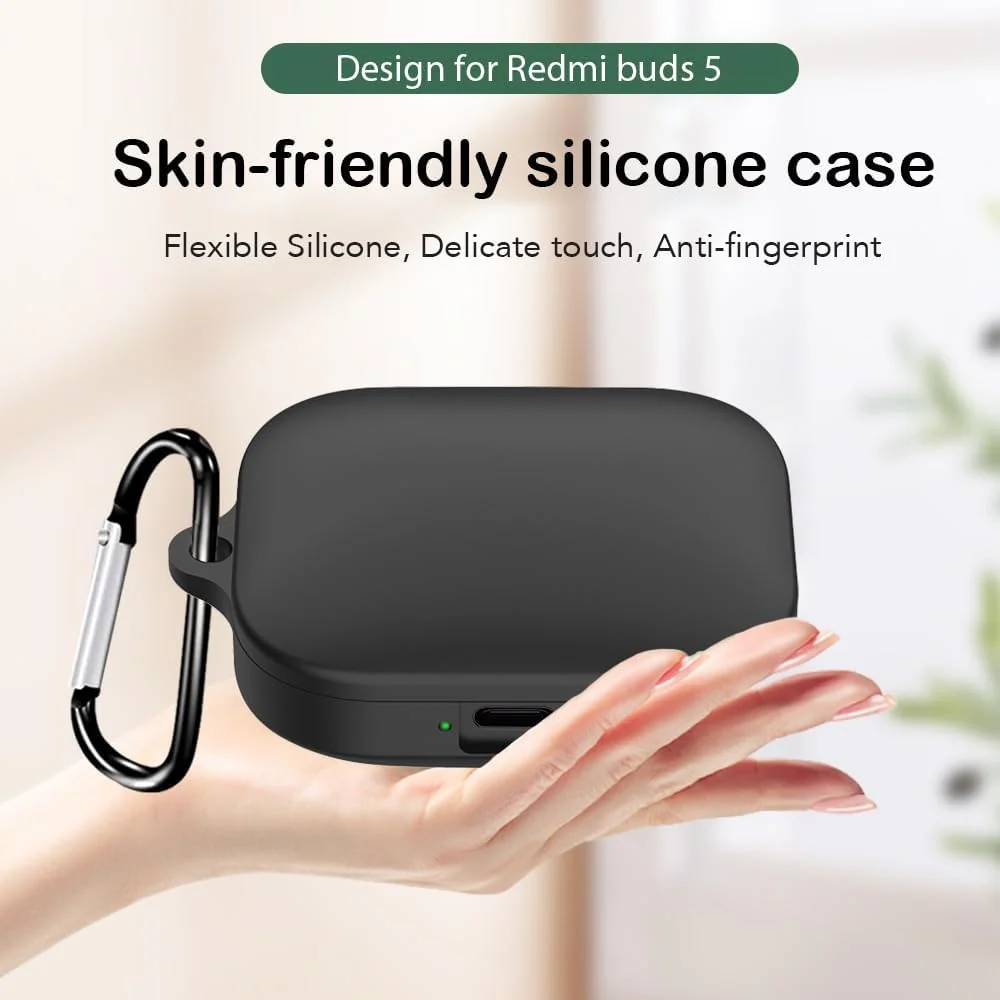 DL3 Mobilak Compatible with Xiaomi Redmi Buds 5 Case Cover, Soft Silicone Shockproof Protective Skin Case for Xiaomi Redmi Buds 5 Wireless Earbuds with Carabiner - Black