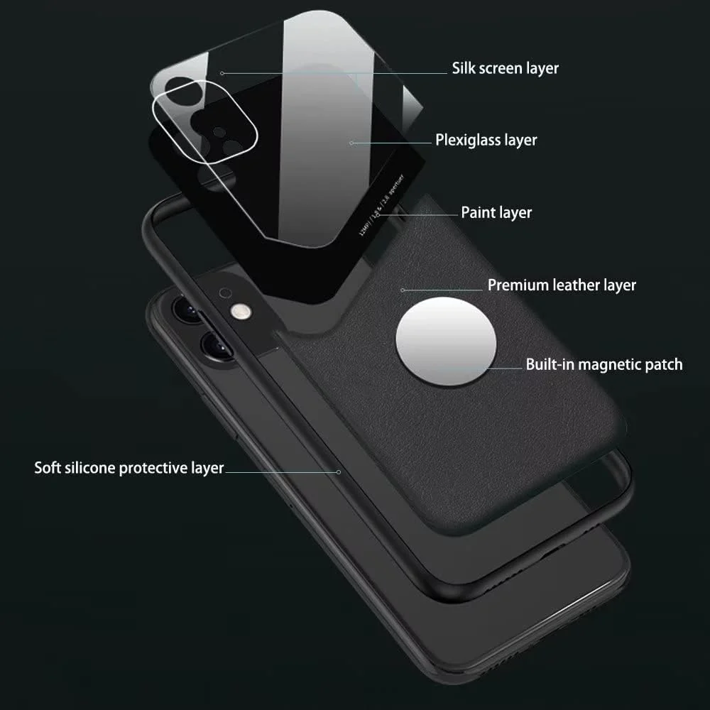 DL3 Mobilak Luxury Case For Honor X8C, Ultra-Thin Soft TPU Frame, Back Leather Mixed Double+Plexiglass Protective Cover With Built-in Car Magnetic - Black