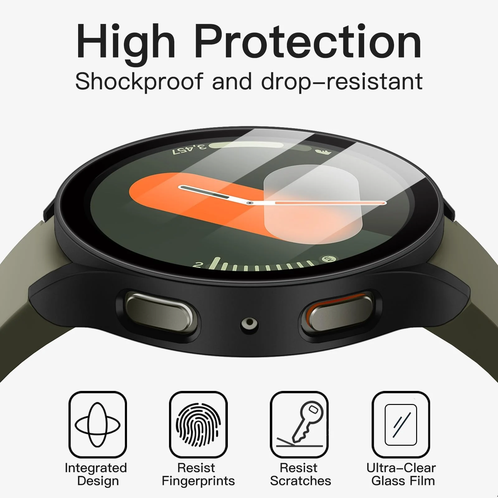 DL3 Mobilak Case with Screen Protector for Samsung Galaxy Watch 7 44mm, Bumper Full Coverage Hard PC Overall Protective Cover, Built-in Tempered Glass Film High Sensitivity - Black