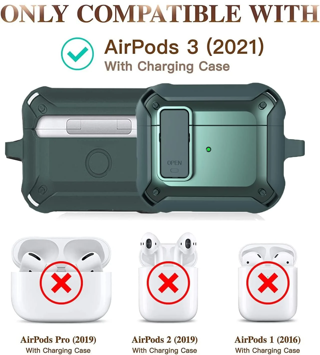 DL3 Mobilak Case Compatible with AirPods 3rd Generation with Lock, Rugged Armor Compatible with AirPods 3 Case with Keychain Shockproof Hard Shell Compatible with AirPods 3 Case - Green