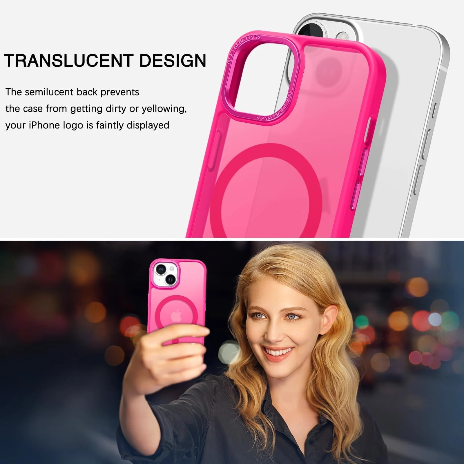 DL3 Mobilak Case for iPhone 15 (6.1 Inch) Magnetic Translucent Matte Phone Cases [Compatible with MagSafe] Thin Slim Fit Shockproof Bumper Hard Protective Cover for Women Men Girls - Hot Pink