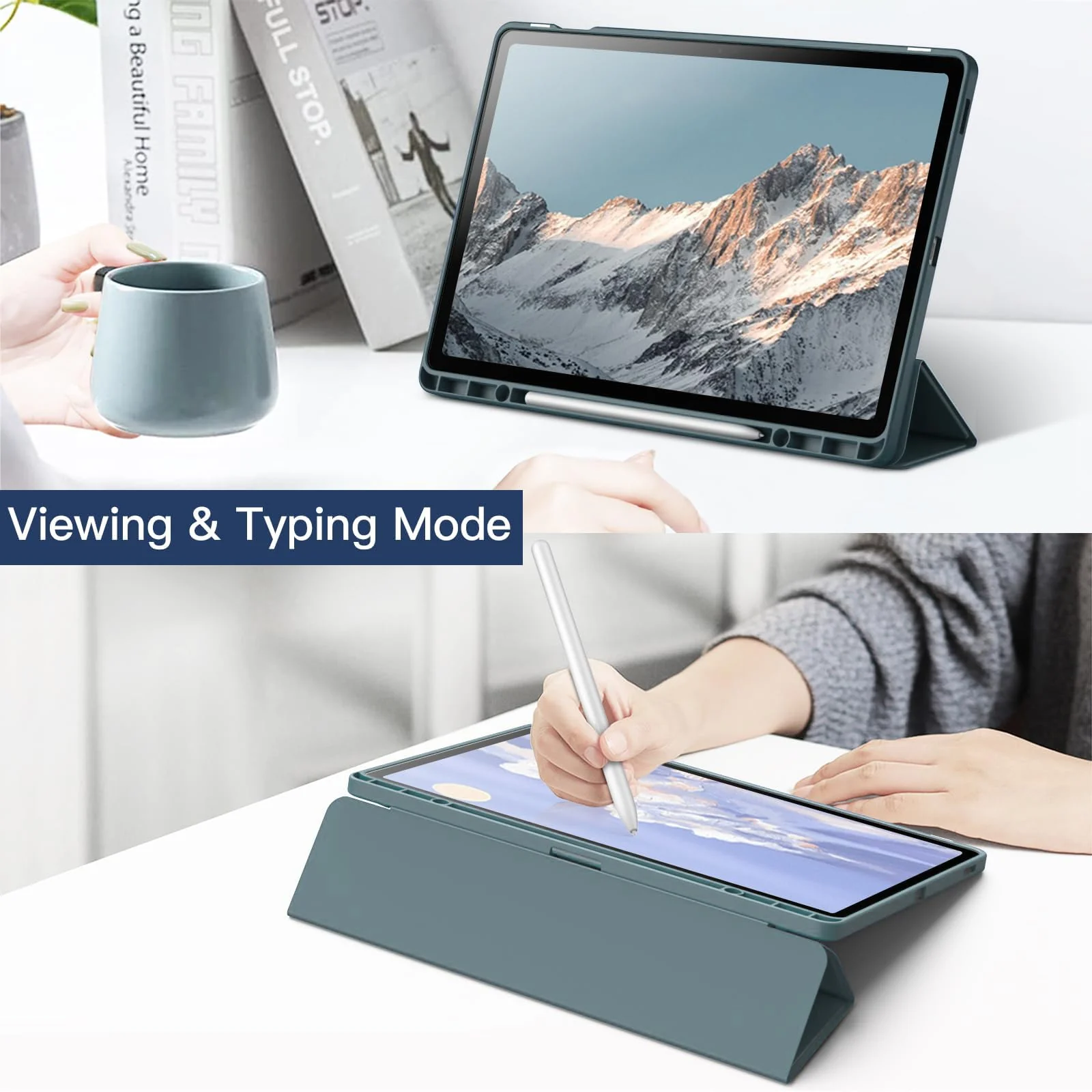 DL3 Mobilak Hybrid Slim Case for Samsung Galaxy Tab S9 FE+ / S9 FE Plus 12.4-Inch with S Pen Holder, Shockproof Cover with Clear Transparent Back Shell, Auto Wake/Sleep - Dark Green