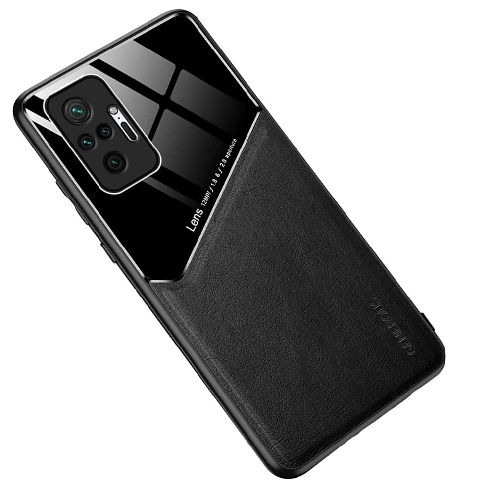 DL3 Mobilak Faux Leather and Plexiglass Protective Case with TPU Frame and Magnetic Car-Mount Support for Xiaomi Redmi Note 10 Pro / Note10 Pro Max - Black