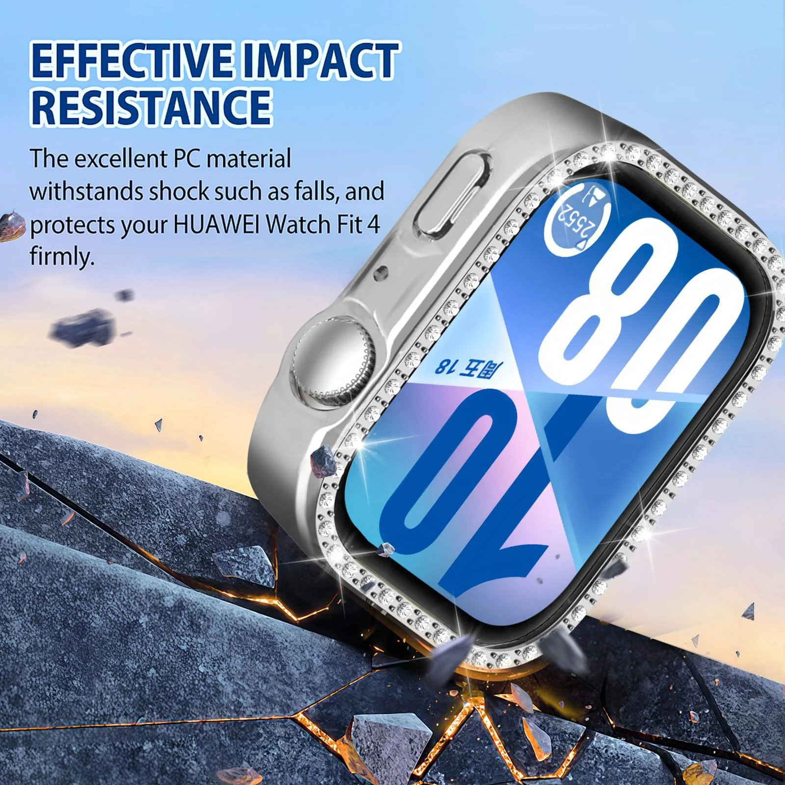 DL3 Mobilak Bling Case Without screen protector for Huawei Watch Fit 4, Hard PC Frame Case, Crystal Diamonds Bumper Cover for Women Girls, Slim Protective Cover for Huawei Watch Fit 4 - Silver