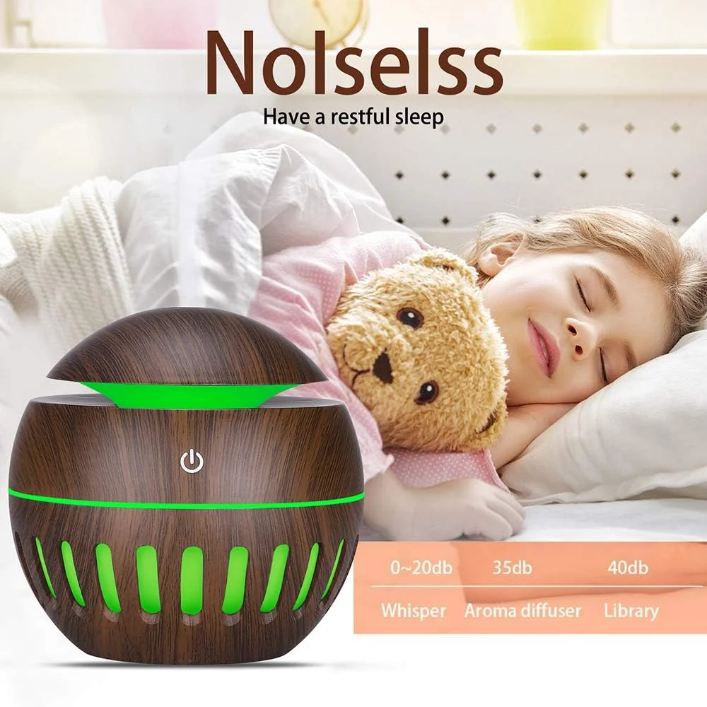 Mobigon Wood Cool Mist Ultrasonic Humidifier for Room Moisture, Aroma Diffuser for Home, 200ml Essential Oil Diffuser with 7 Colorful Night Light, Auto Shut-Off, Home, Office, car - B.Dark Brown