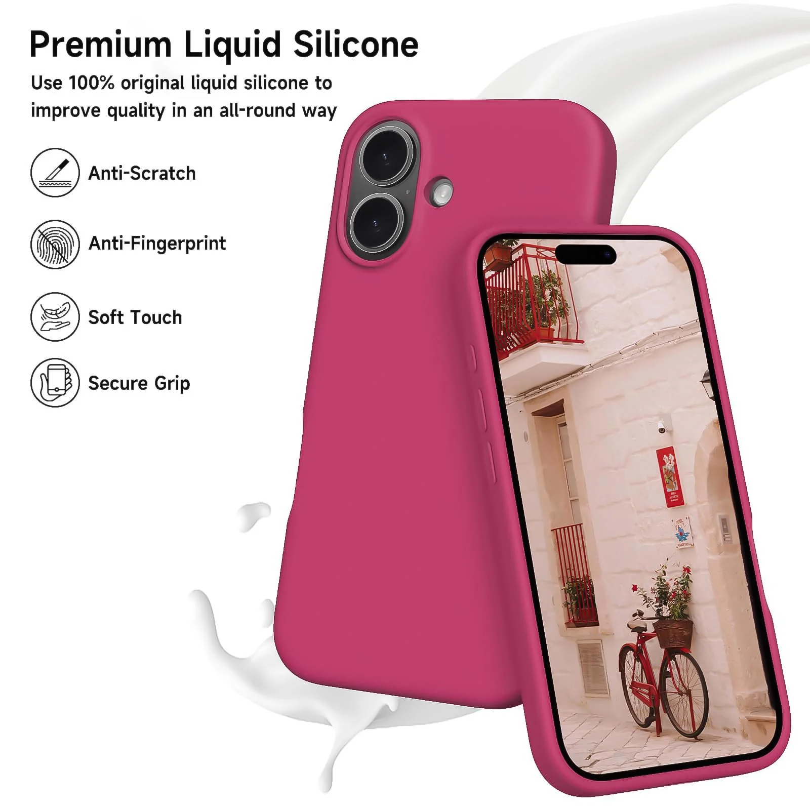 DL3 Mobilak Liquid Silicone Protective Case for iPhone 16 with Microfiber Lining and Shockproof Design - Rose Red
