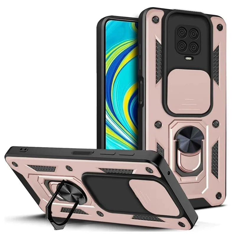DL3 Mobilak Protective Case with Sliding Camera Cover, Metal Ring Kickstand and Magnetic Car-Mount Support for Xiaomi Redmi Note 9S / 9 Pro / 9 Pro Max - Rose Gold
