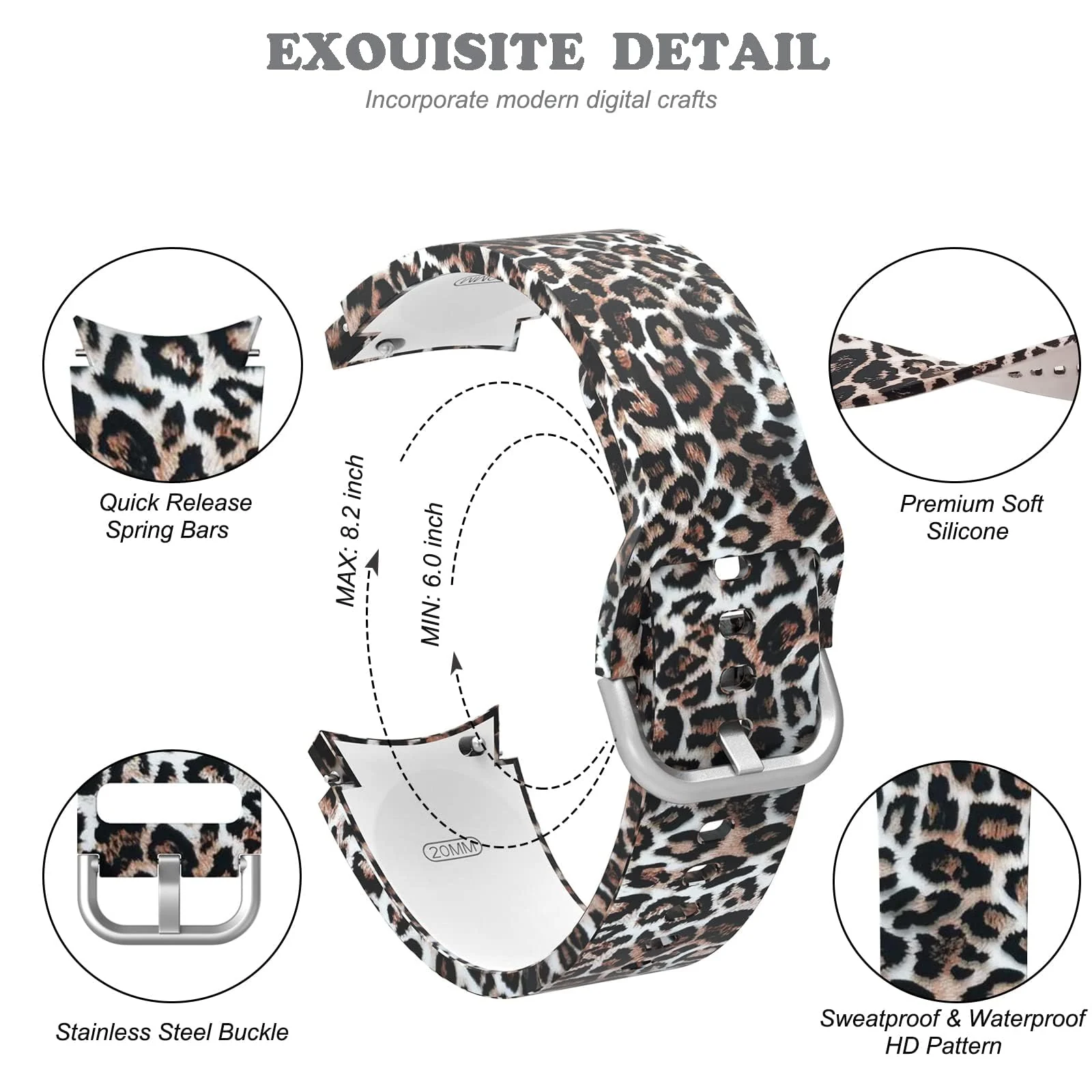 DL3 Mobilak No Gap Bands Compatible with Samsung Galaxy Watch 7 5 4 6 Band 44mm 40mm/Watch 5 Pro 45mm/Galaxy Watch 4 Classic 46mm 42mm Strap,20mm Quick Release Sport Replacement Bands for Women Men - Leopard