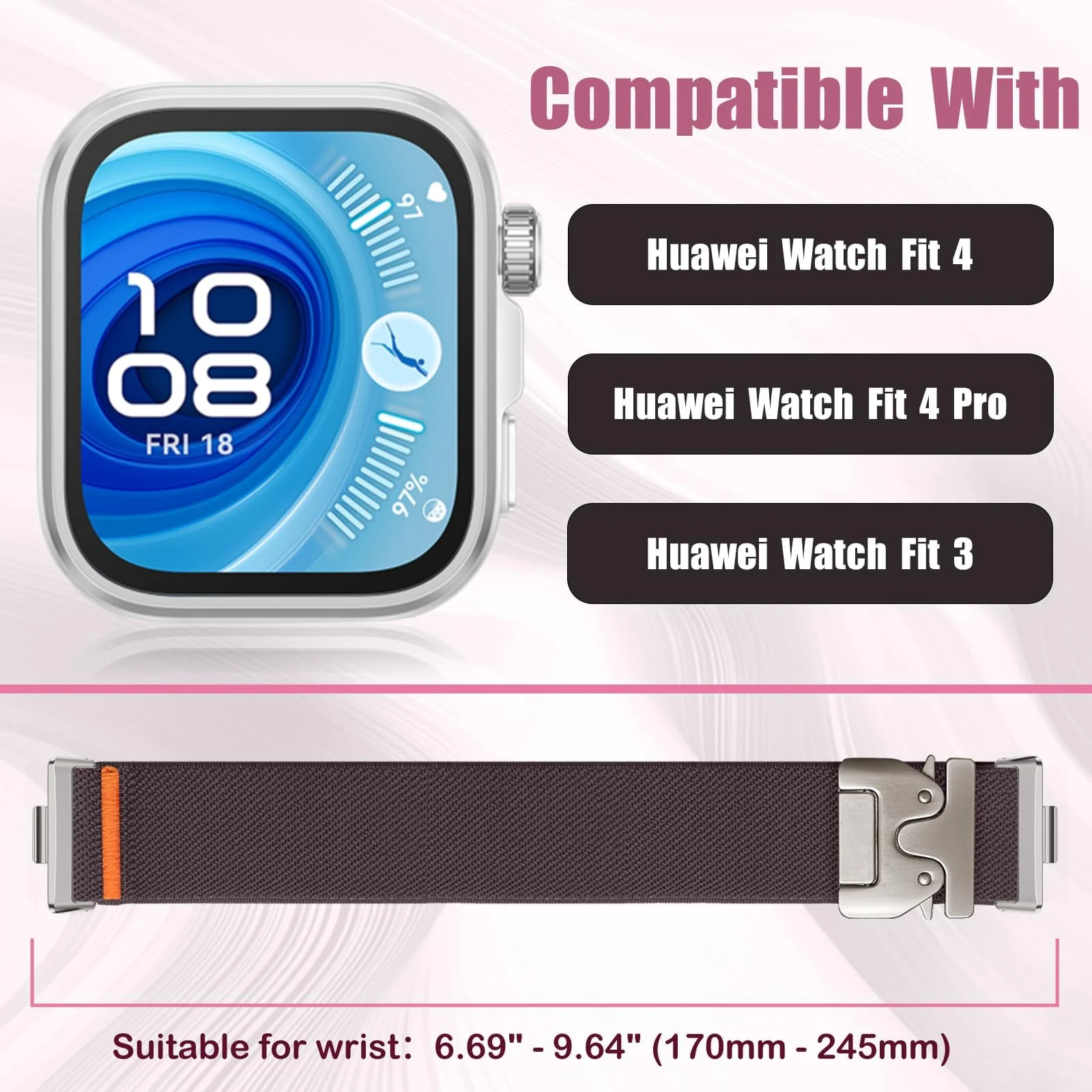 DL3 Mobilak Nylon Strap for Huawei Watch Fit 4/Fit 4 Pro/Fit 3, Men's and Women's, Stretchy Parachute buckle Strap, Sport Elastic Braided Replacement Band for Huawei Watch Fit 3/4/4 Pro - Smoke Purple