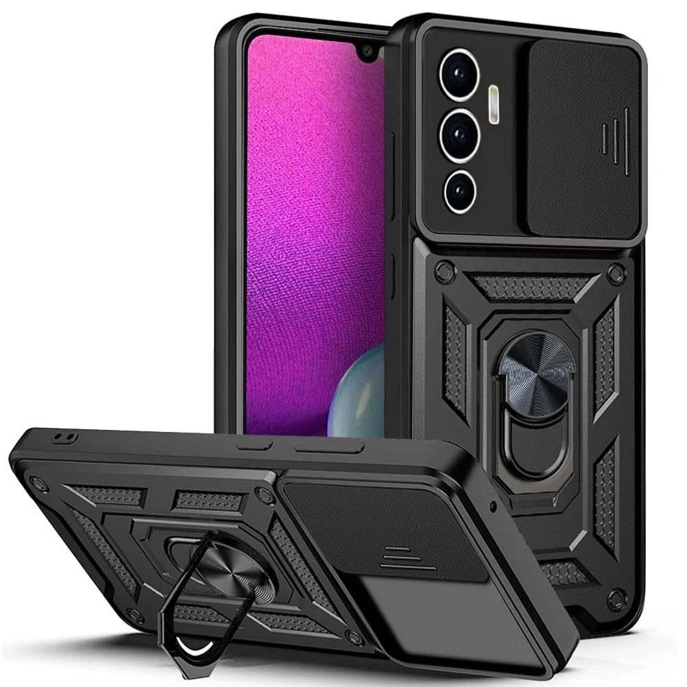 DL3 Mobilak Military-Grade Protective Case with Sliding Camera Cover, Metal Ring Kickstand and Magnetic Car-Mount Support for vivo V23E / vivo S10e / vivo Y75 4G - Black