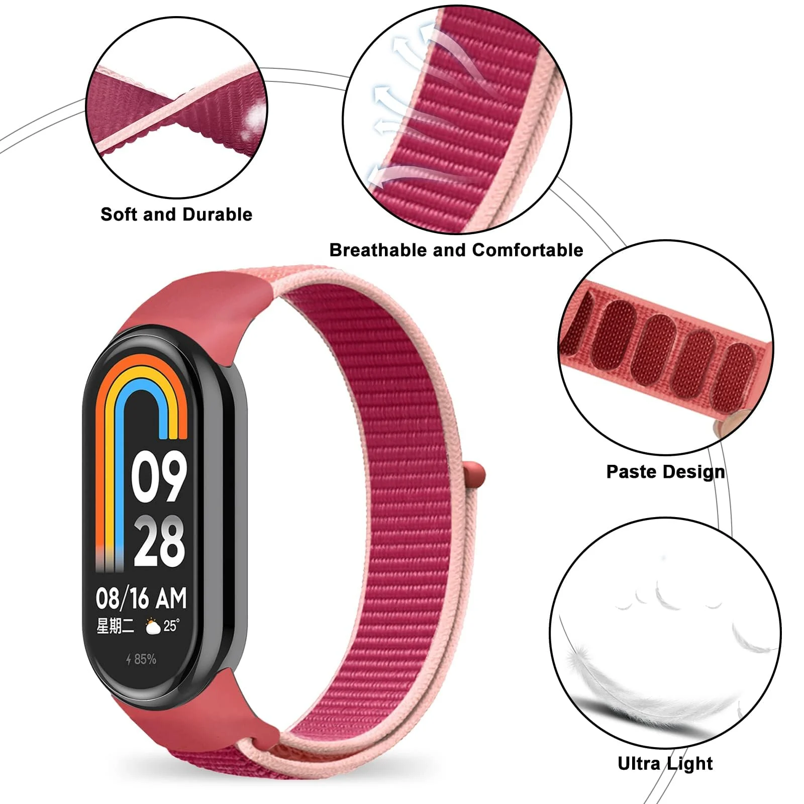 DL3 Mobilak Nylon Sport Band Compatible with Xiaomi Mi Band 10/9/8 for Women Men, Soft Adjustable Breathable Sport Loop Watch Strap Replacement Wristband for Xiaomi Smart Band 8/9/10 - Pomegranate Red