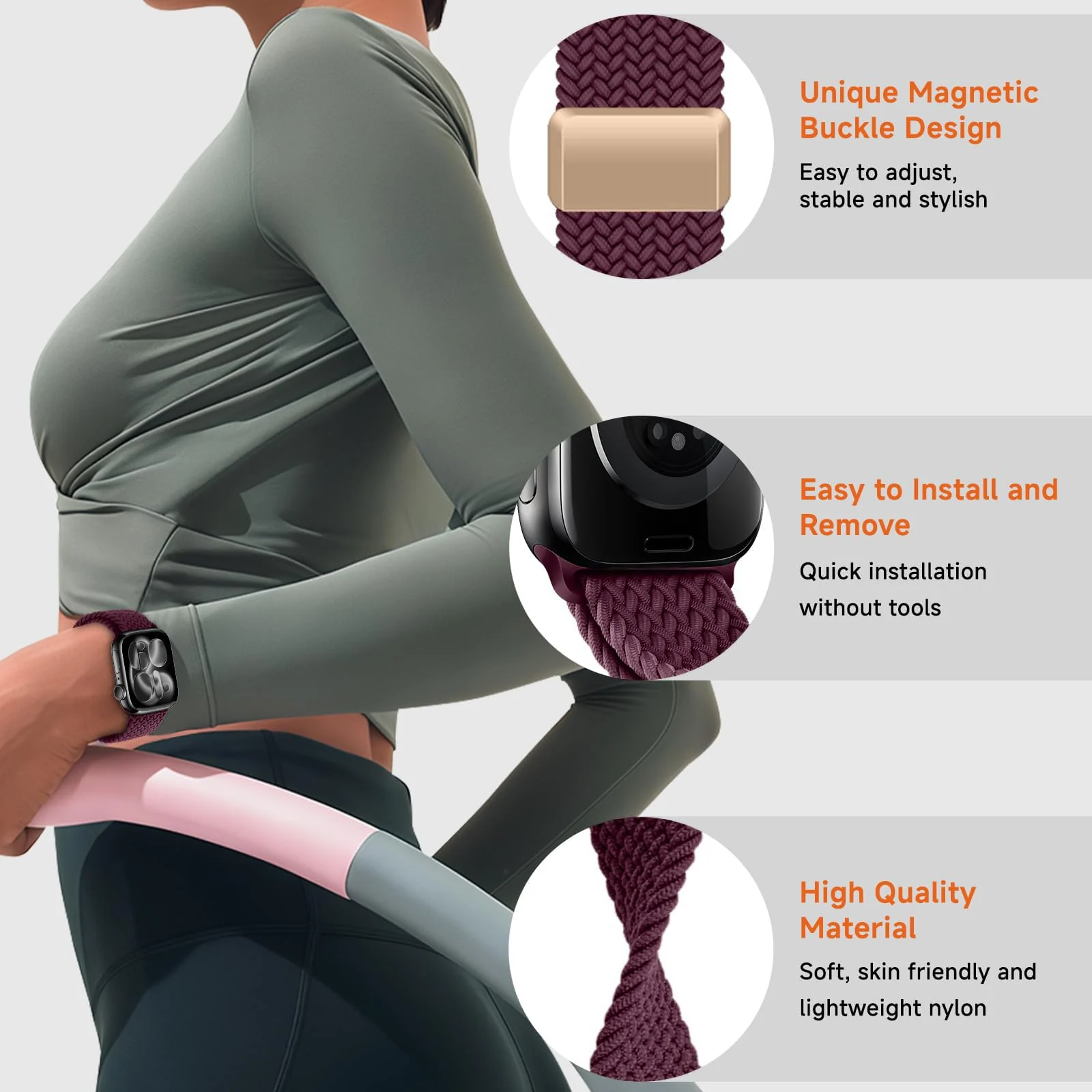 DL3 Mobilak Sport Solo Loop Compatible with Apple Watch Band 42mm 44mm 45mm 46mm 49mm for Women Men, Magnetic Strap Stretchy Braided Wristband for iWatch Series 11 10 9 8 7 6 5 4 3 Ultra 3 2 1 SE SE2 - Black
