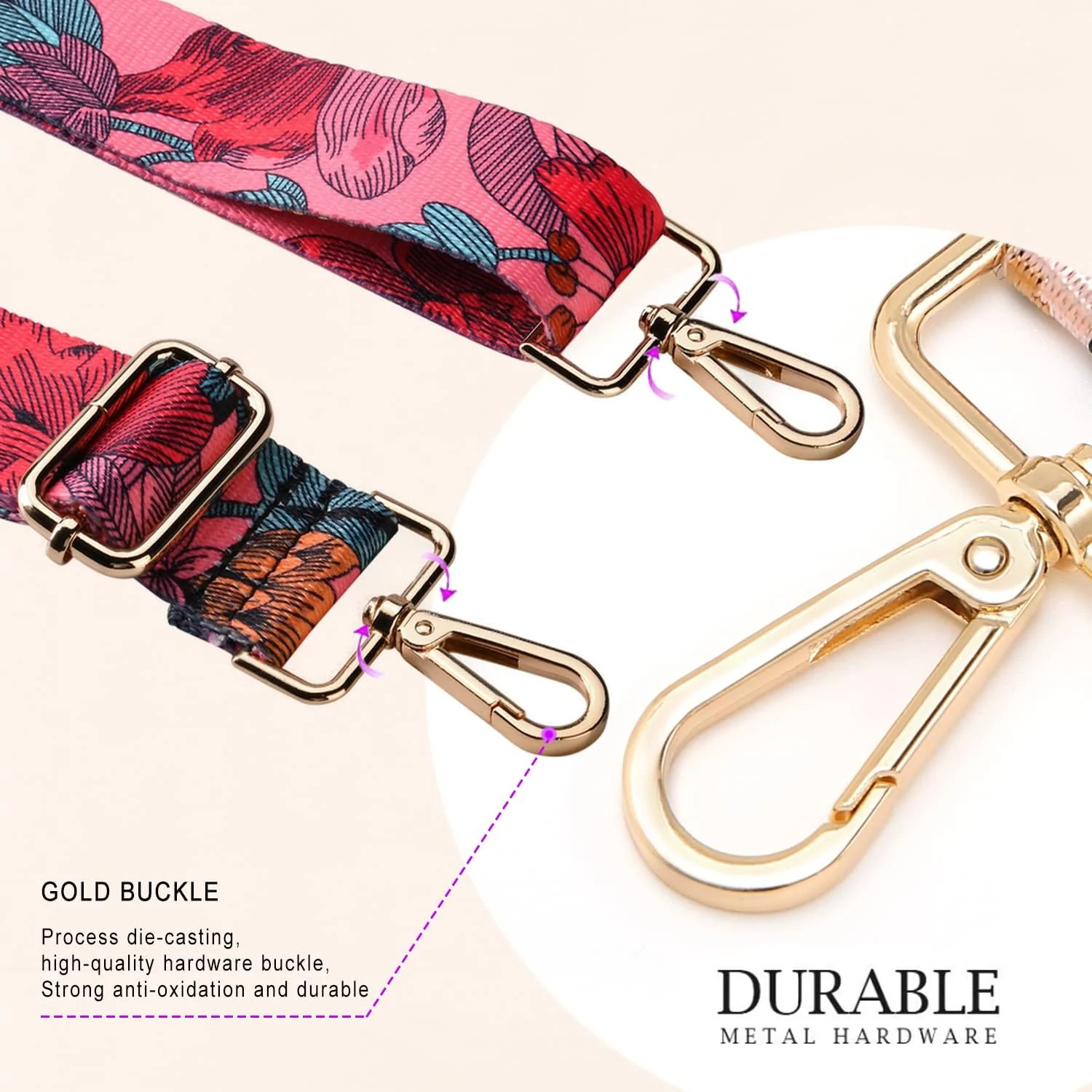 DL3 Mobilak Adjustable Wide Crossbody Bag Strap for Women, Replacement Shoulder Strap for Handbags, Totes & Purses with Elegant Embroidered Pattern and Metal Hooks - Oversized Floral
