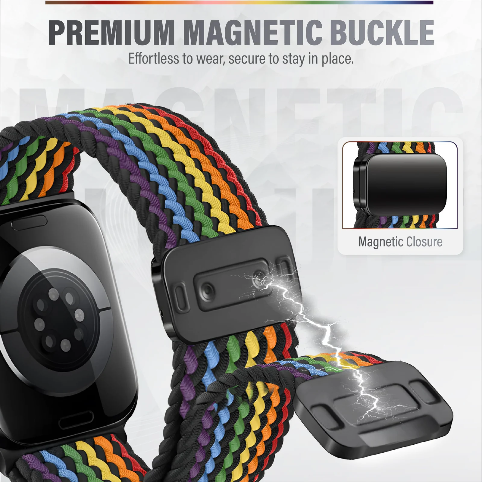 DL3 Mobilak Sport Solo Loop Compatible with Apple Watch Band 42mm 44mm 45mm 46mm 49mm for Women Men, Magnetic Strap Stretchy Braided Wristband for iWatch Series 11 10 9 8 7 6 5 4 3 Ultra 3 2 1 SE SE2 - Colorful Black