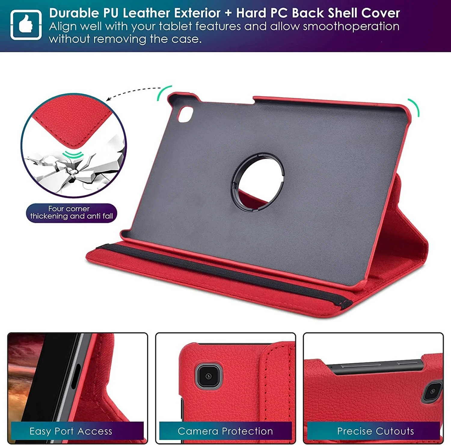 DL3 Mobilak Protective Cover for Samsung Galaxy Tab A7 Lite (SM-T220/T225), 360° Rotatable Smart Stand, Leather Folio Flip Cover with Multi-Angle Viewing, Auto Wake Sleep - Red