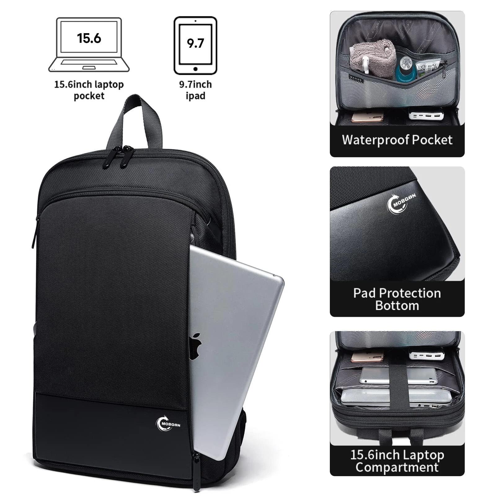 Mobigon Slim Laptop Backpack Fits For 15.6 Inch, Business Commuter backpack For Men Women, Waterproof Business Backpack Ideal for Working, Commuting, Daily, MacBooks, Surface - Black