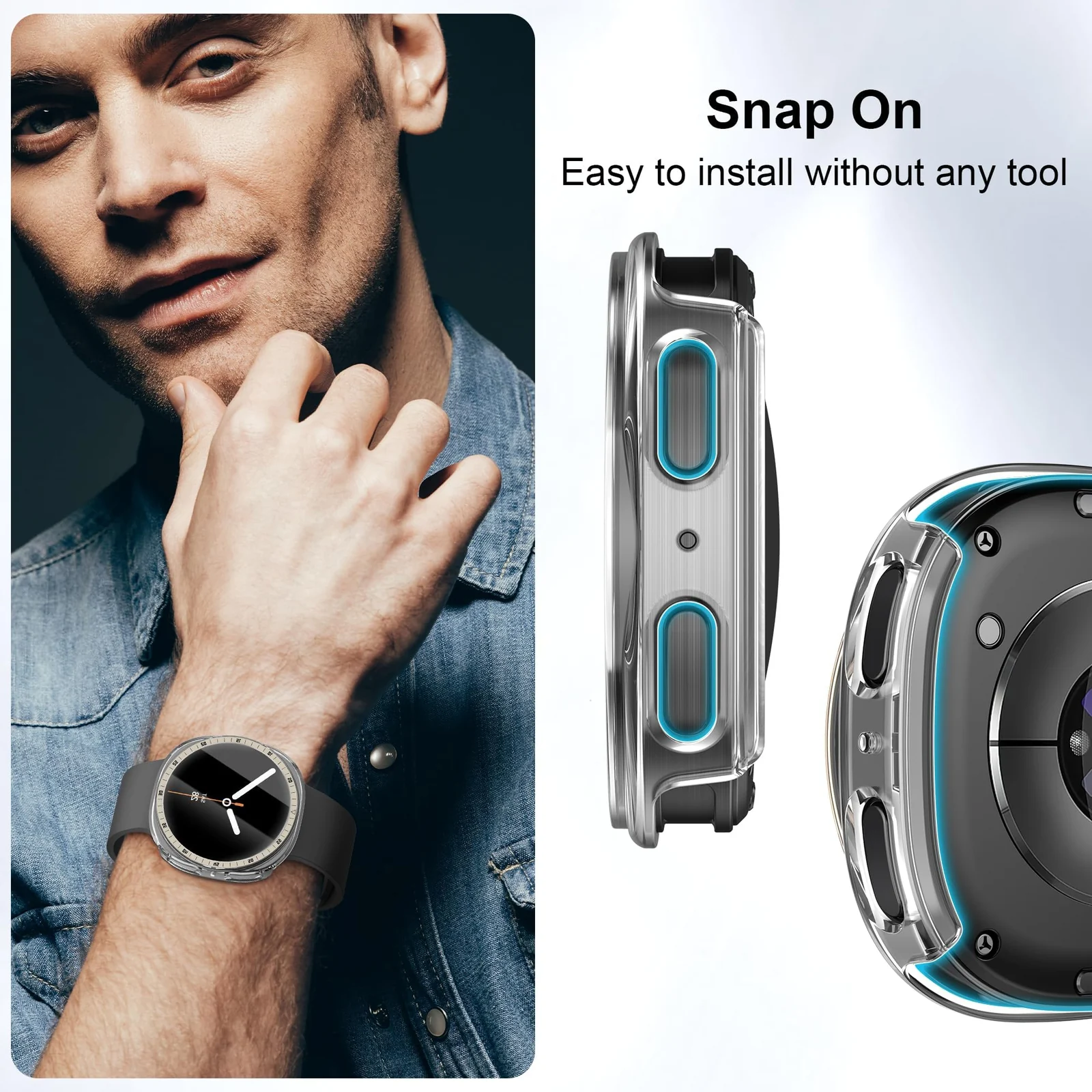 DL3 Mobilak [NO Screen Protector] Bumper Case for Samsung Galaxy Watch 8 44mm, Slim Thin Shockproof Bumper Cover With Metal Scale, Hard PC Protective Frame All-Around Edge - Clear Starlight