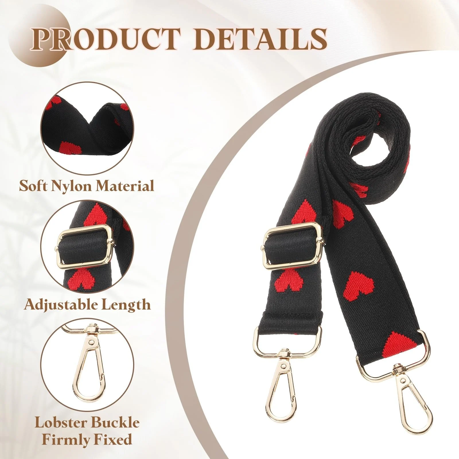 DL3 Mobilak Adjustable Wide Crossbody Bag Strap for Women, Replacement Shoulder Strap for Handbags, Totes & Purses with Elegant Embroidered Pattern and Metal Hooks - Black Heart