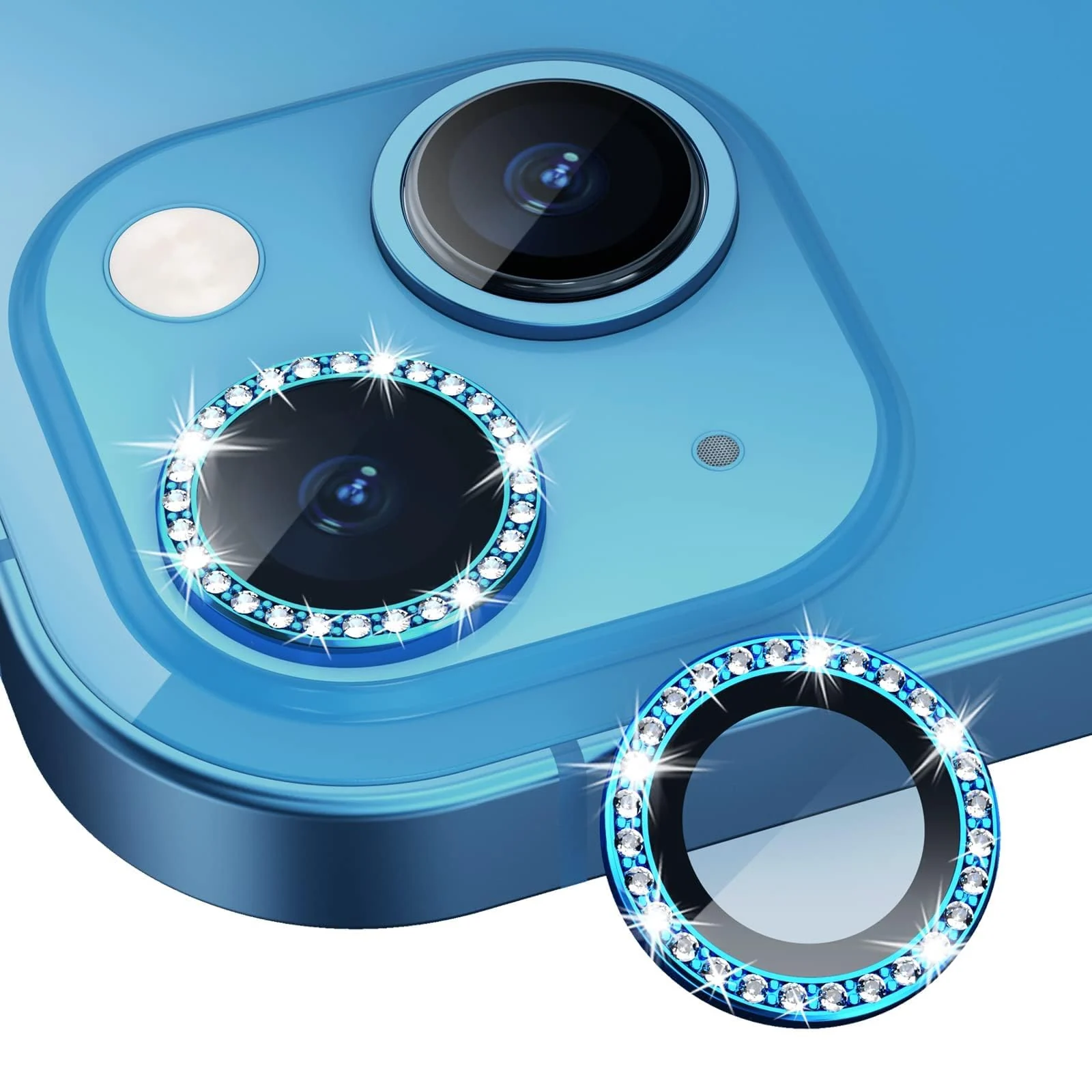 DL3 Mobilak Compatible with iPhone 15/15 Plus & iPhone 14/14 Plus Camera Lens Protector, Anti-Scratch HD Tempered Glass Lens Screen Protection Cover, Metal Individual Lens Ring - Diamond Blue