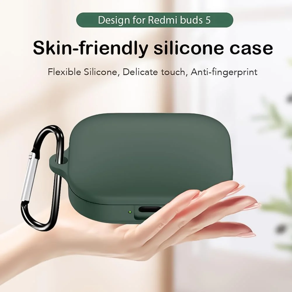 DL3 Mobilak Compatible with Xiaomi Redmi Buds 5 Case Cover, Soft Silicone Shockproof Protective Skin Case for Xiaomi Redmi Buds 5 Wireless Earbuds with Carabiner - Green