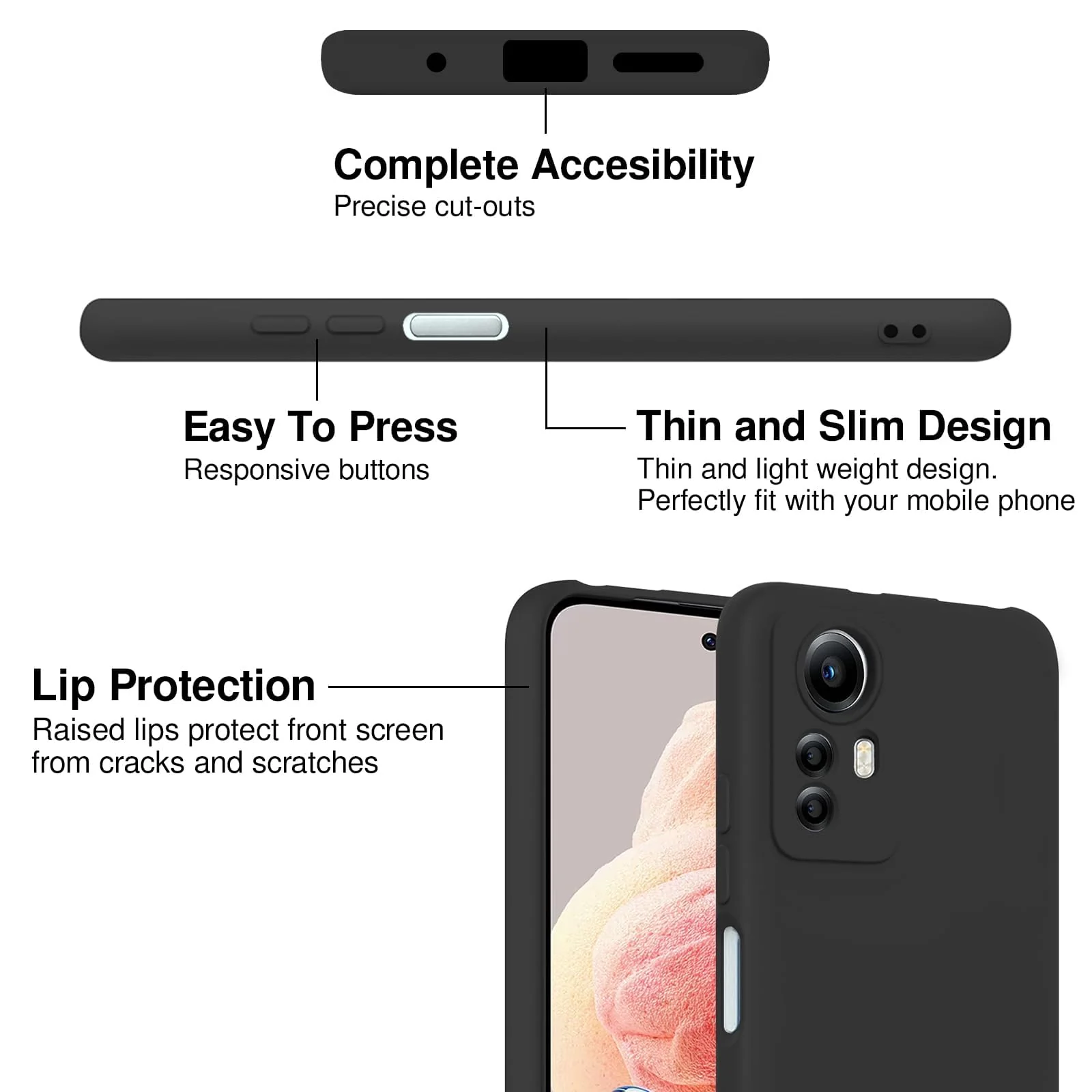 DL3 Mobilak Xiaomi Redmi Note 12S Case, Soft Flexible Liquid Silicone Gel Rubber Bumper Cover, Full Body Shockproof Protective Phone Case - Black
