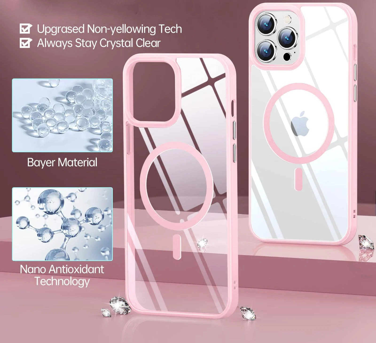 DL3 Mobilak Clear MagSafe-Compatible Magnetic Case for iPhone 13 Pro with Magnetic Car-Mount Support and Shockproof Design - Pink