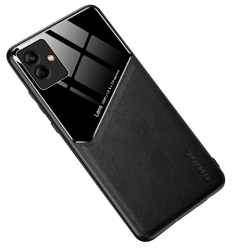 DL3 Mobilak Luxury Case For Samsung Galaxy A05, Ultra-Thin Soft TPU Frame, Back Leather Mixed Double+Plexiglass Protective Cover With Built-in Car Magnetic - Black