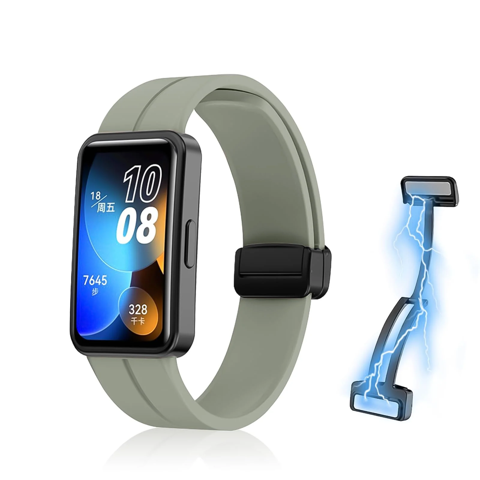 DL3 Mobilak Silicone Strap Compatible with Huawei Band 9/Huawei Band 8 Magnetic Metal Stainless Buckle Sport Silicone Strap for Huawei Band 8/9 Band Quick Release Soft Replacment Wristband - Light Green