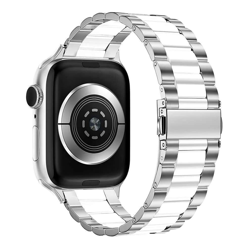 DL3 Mobilak Stainless Steel Band with Case Compatible with Apple Watch Band 45mm Series 9/8/7, Men Woman Business Strap with Protective Bumper Cover for iWatch Series 7/8/9 45mm - Silver White