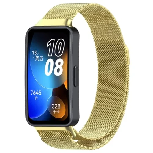 Dl3 Mobilak Replacement Band for Huawei Band 10/9/8 Replacement Strap Magnetic Metal Stainless Steel Mesh Replacement Strap for Men and Women Huawei Band 8/9/10 (Gold)