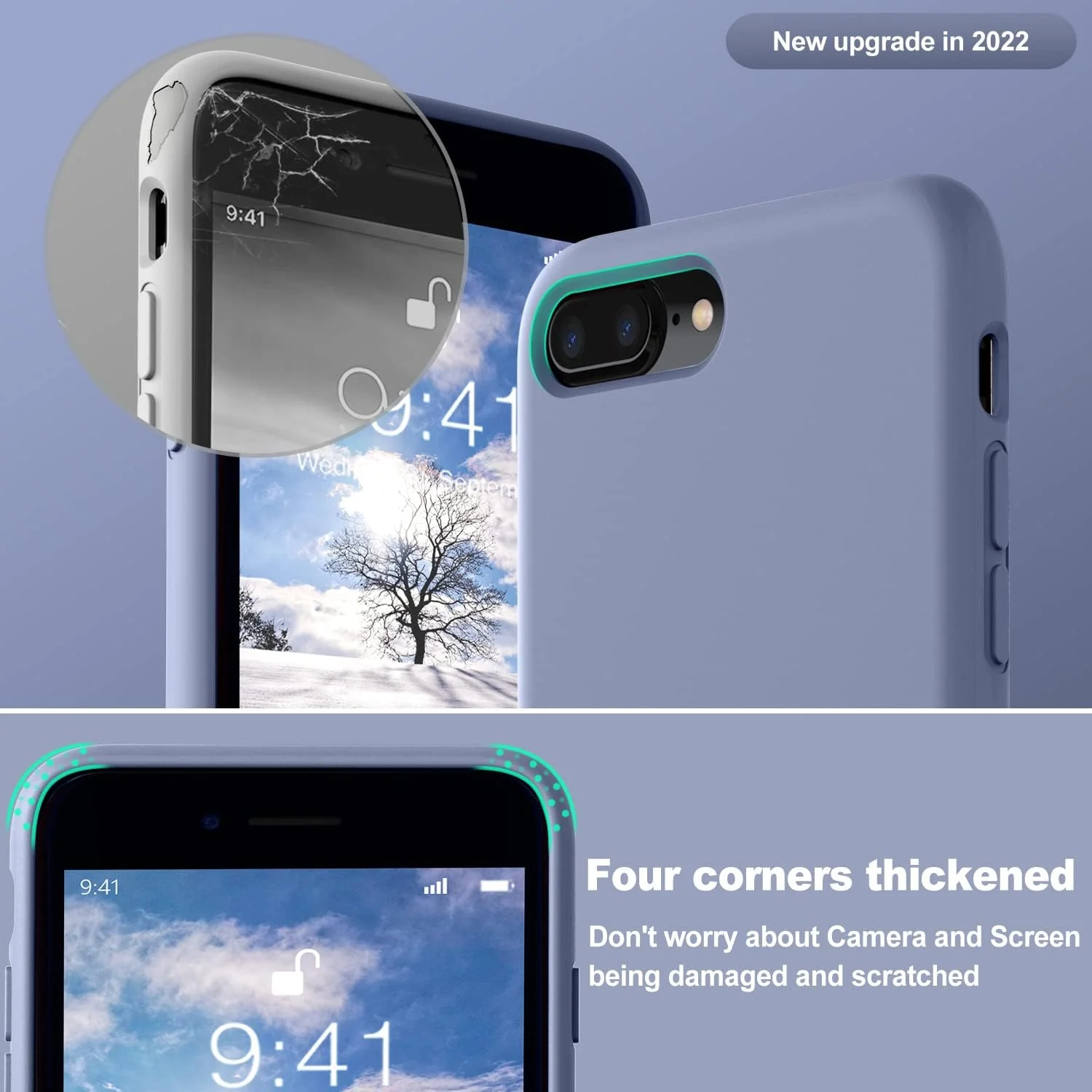 DL3 Mobilak Liquid Silicone Protective Case for iPhone 7 Plus / iPhone 8 Plus with Camera Protection and Microfiber Lining - Lavender Grey