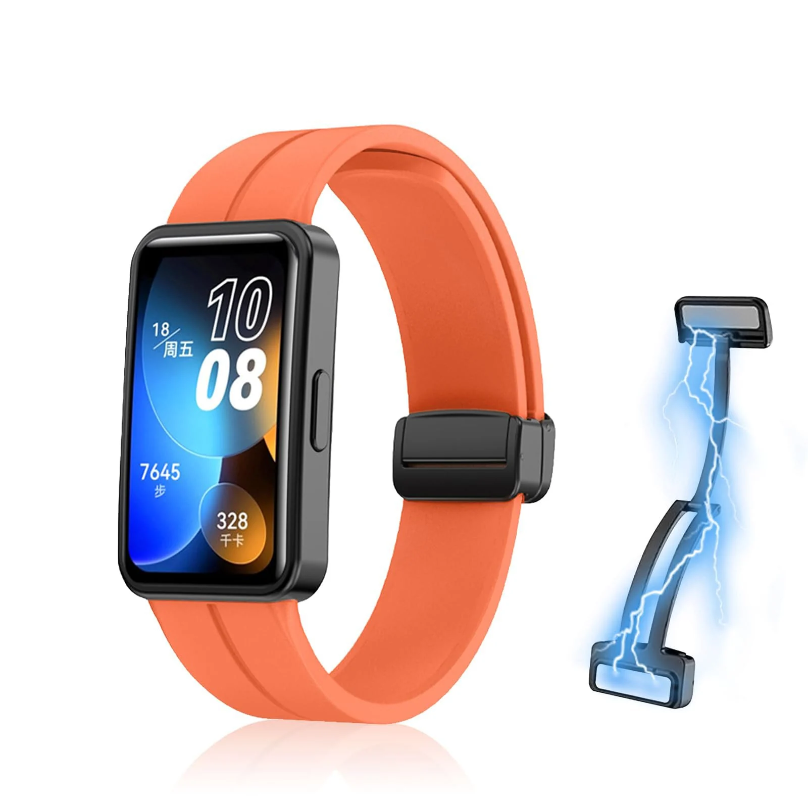 DL3 Mobilak Silicone Strap Compatible with Huawei Band 9/Huawei Band 8 Magnetic Metal Stainless Buckle Sport Silicone Strap for Huawei Band 8/9 Band Quick Release Soft Replacment Wristband - Orange