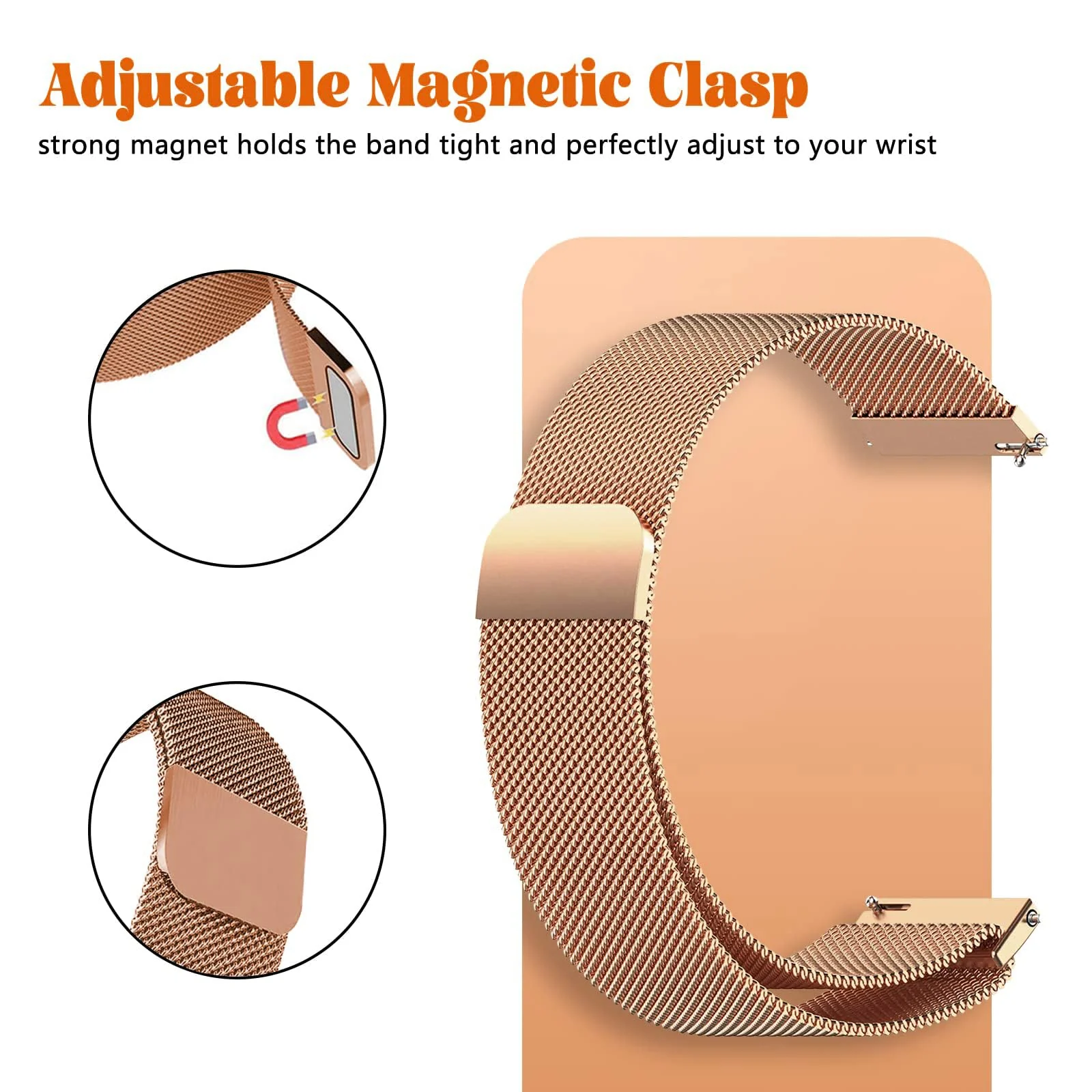 DL3 Mobilak Strap For Huawei Watch GT 6 41mm/Watch5 42mm/GT 5 Pro 42mm/GT 5 41mm/GT4 41 mm/Garmin Venu 3S/Fossil Women's Gen 6, 18mm Stainless steel Metal Milanese Magnetic Mesh Bands - Rose Gold