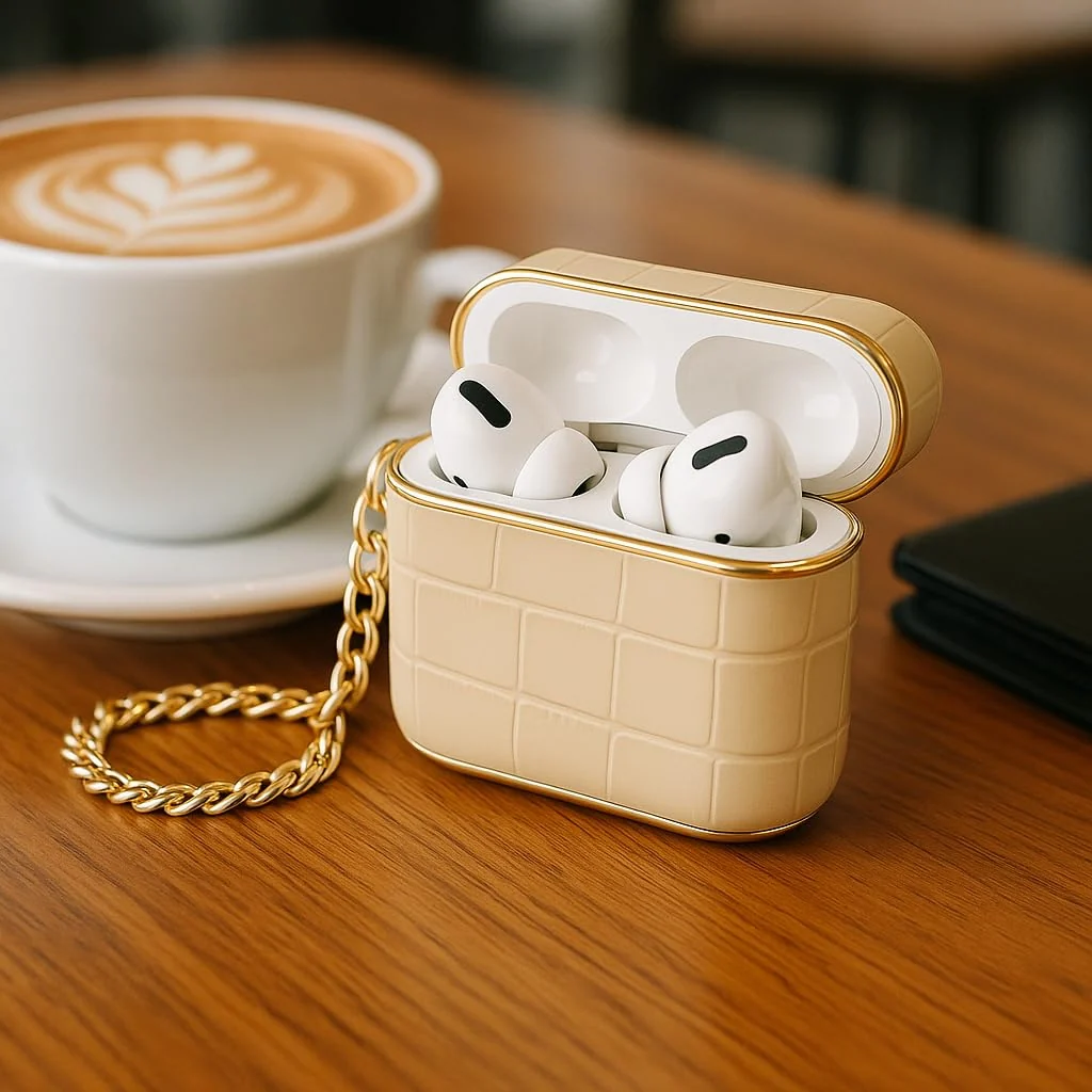 DL3 Mobilak Luxury AirPods Pro 1/2 Case with Gold Chain, Crocodile Pattern PU Leather Protective Cover for Apple AirPod Pro 2nd/1st, Shockproof, Stylish Gift for Women & Men - Warm Beige
