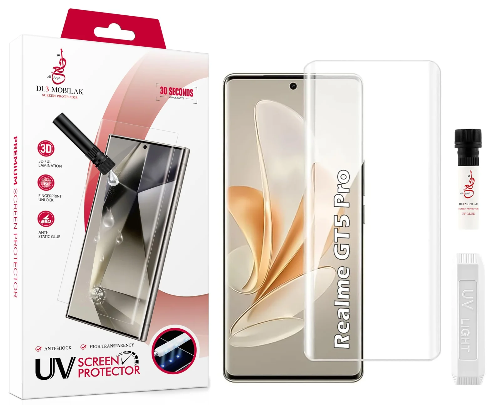 DL3 Mobilak Screen Protector realme GT5 Pro [Liquid UV Tempered Glass] Full Screen adhesive [Sensitive Touch][Fingerprint Sensor Compatible] HD - Clear